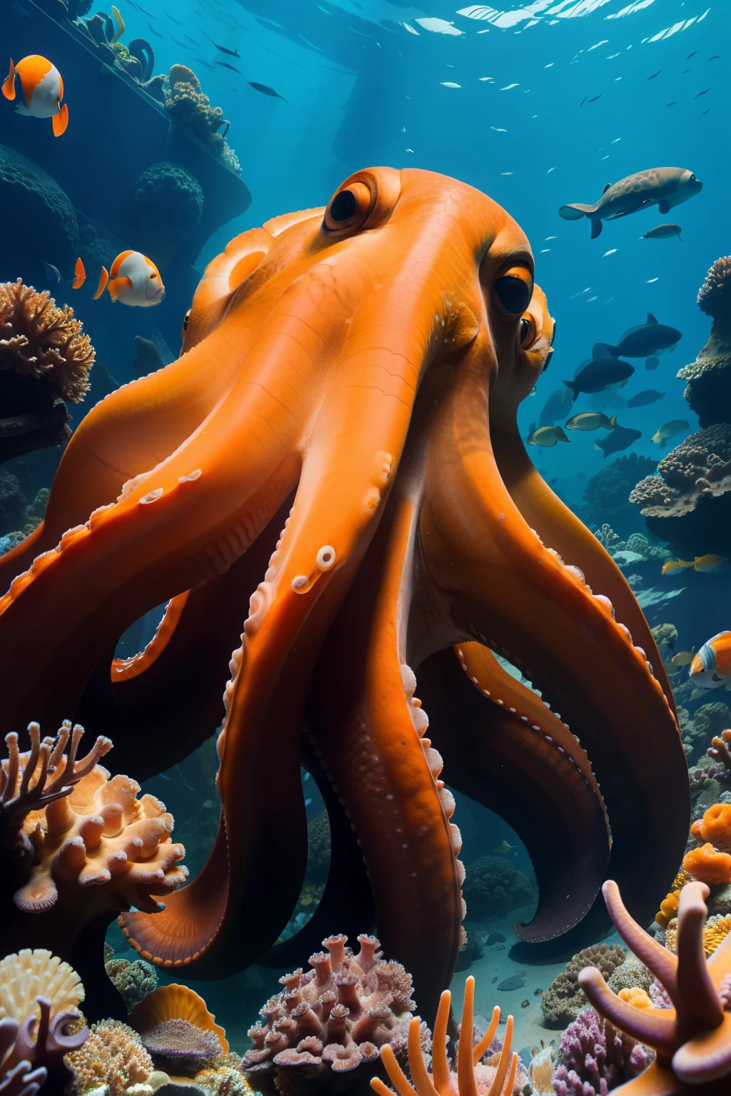 Sowell Bay, Washington, 2023. Pacific giant octopus, orange, at the acuarium,