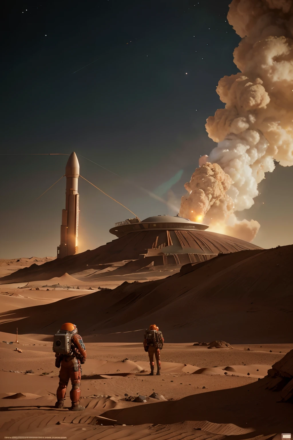 PROMPT: Subject: 4D rendering, hyper-realistic photography. Action: Illustrates a group of settlers from Ray Bradbury's "The Martian Chronicles," standing on the edge of a Martian plain, gazing towards a newly built Earth-Martian settlement. Subjects: 4D rack focus, hyper-realistic photography. Action: Illustrates two spacecraft from Earth, landing gear down, displaying digital flashing lights next to the settlement on the red, rocky surface of Mars. The buildings showcase a harmonious blend of Earth-style moldings and Martian-inspired architecture, reflecting the fusion of ancient and modern cultures. Martian dust, as