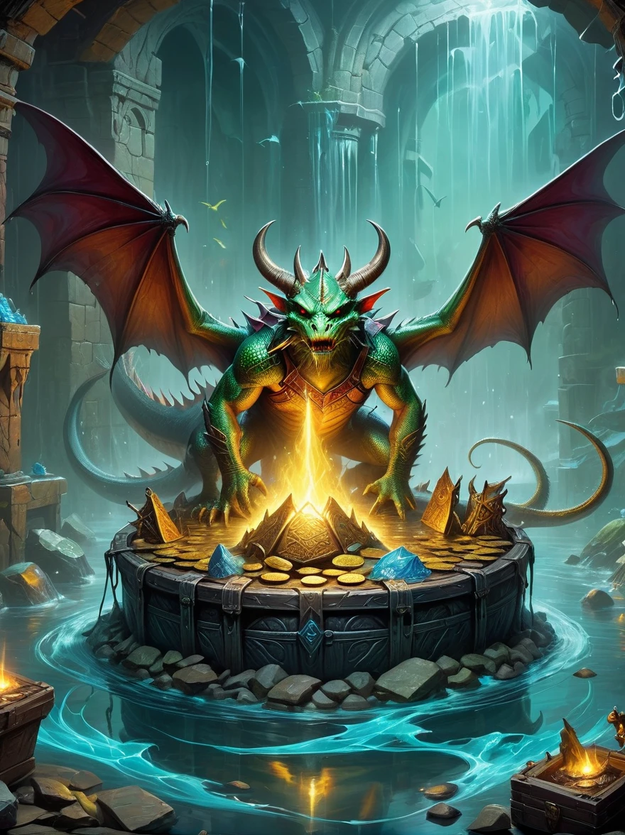 (((Dungeons & Dragons)))，dragon&#39;s underground lair，Dark and damp, full of treasures、bones and weapons，（low light，shadow，strange lamp），huge bat-like folding wings，（horned，scaly，Reptiles），eyes sparkling，Sword and Ax Collection，The box is full of gold coins and gems，water and mineral pool，（FOG），surrounded by net，（Warning tape），Featuring goblins equipped with armor and weapons，Orc and Troll Guards，（Threat exists），Extremely detailed settings, Keith Haring style graffiti,sharp illustration, bold lines and solid colors, simple details, minimalist