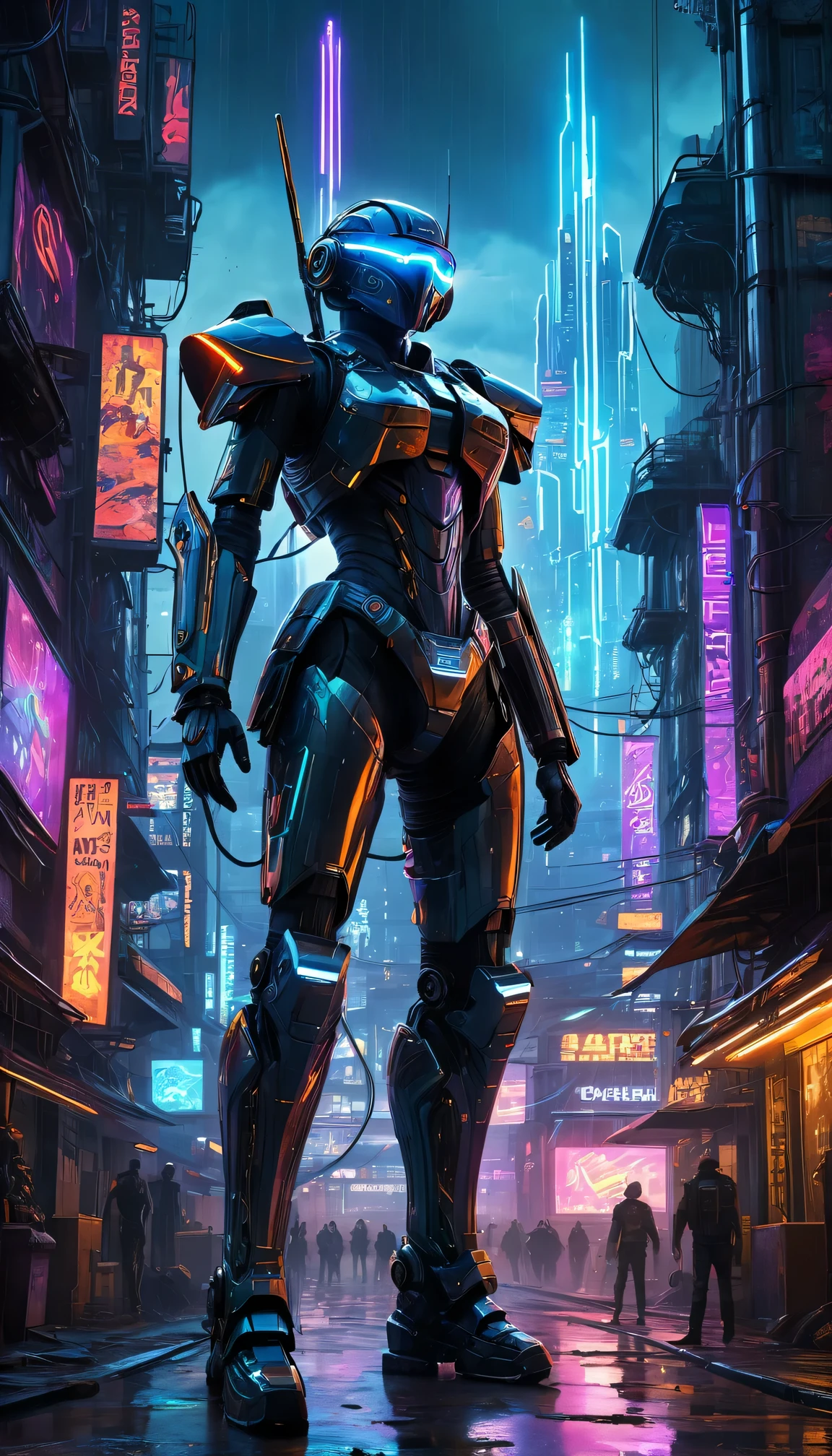 high-resolution,ultra-detailed,photorealistic:1.37,sci-fi,cyberpunk,concept artists,medieval,futuristic,laser swords,advanced armor,urban dystopia,neon lights,hovering vehicles,grimy alleys,technological implants,glowing tattoos,enhanced vision,advanced weaponry,dystopian society,dark and gritty atmosphere,shadowy figures,mechanical enhancements,metallic exoskeletons,cybernetic horses,high-tech castles,holographic displays,industrial skyscrapers,cityscape illuminated with neon lights,post-apocalyptic ruins,high-speed chases,electronic music pulsating in the background,mercenary knights in futuristic armor,vivid color palettes with neon accents,smoke and fog,reflective surfaces and glass windows displaying advertisements,blurred motion,steampunk-inspired gadgets,retro-futuristic aesthetics,chrome-plated cybernetic limbs,high-tech visors with augmented reality overlays,glowing cybernetic eyes,powerful energy weapons,electric arcs dancing across the scenery,high-tech city governed by corrupt corporations,brooding atmosphere,unstable and flickering lightning,walls covered in graffiti and cybernetic implants,imposing and ominous presence of surveillance drones,dark and mysterious back alleys,heavy rain and thunderstorms,reflections on wet pavement,impressive and imposing cybernetic castle in the distance