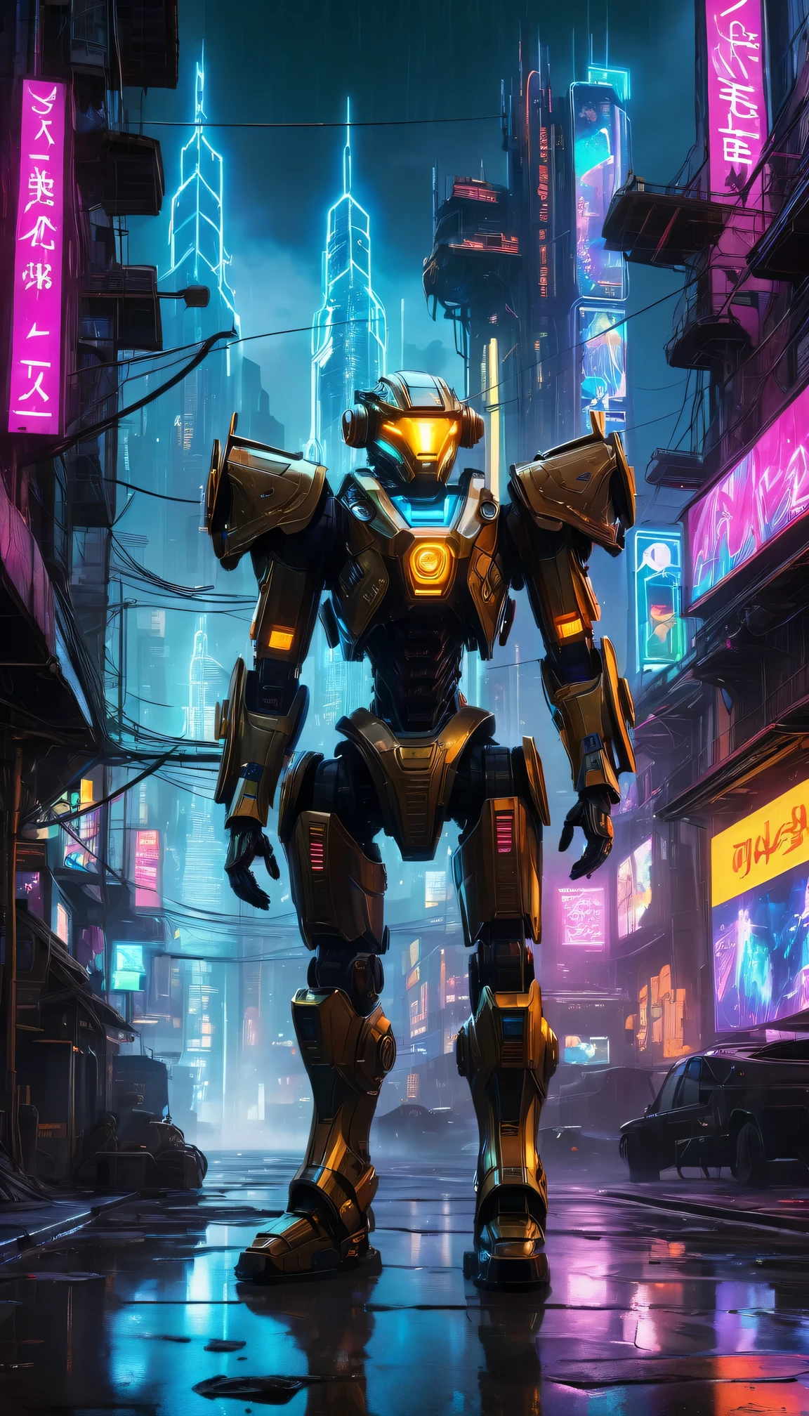 high-resolution,ultra-detailed,photorealistic:1.37,sci-fi,cyberpunk,concept artists,medieval,futuristic,laser swords,advanced armor,urban dystopia,neon lights,hovering vehicles,grimy alleys,technological implants,glowing tattoos,enhanced vision,advanced weaponry,dystopian society,dark and gritty atmosphere,shadowy figures,mechanical enhancements,metallic exoskeletons,cybernetic horses,high-tech castles,holographic displays,industrial skyscrapers,cityscape illuminated with neon lights,post-apocalyptic ruins,high-speed chases,electronic music pulsating in the background,mercenary knights in futuristic armor,vivid color palettes with neon accents,smoke and fog,reflective surfaces and glass windows displaying advertisements,blurred motion,steampunk-inspired gadgets,retro-futuristic aesthetics,chrome-plated cybernetic limbs,high-tech visors with augmented reality overlays,glowing cybernetic eyes,powerful energy weapons,electric arcs dancing across the scenery,high-tech city governed by corrupt corporations,brooding atmosphere,unstable and flickering lightning,walls covered in graffiti and cybernetic implants,imposing and ominous presence of surveillance drones,dark and mysterious back alleys,heavy rain and thunderstorms,reflections on wet pavement,impressive and imposing cybernetic castle in the distance