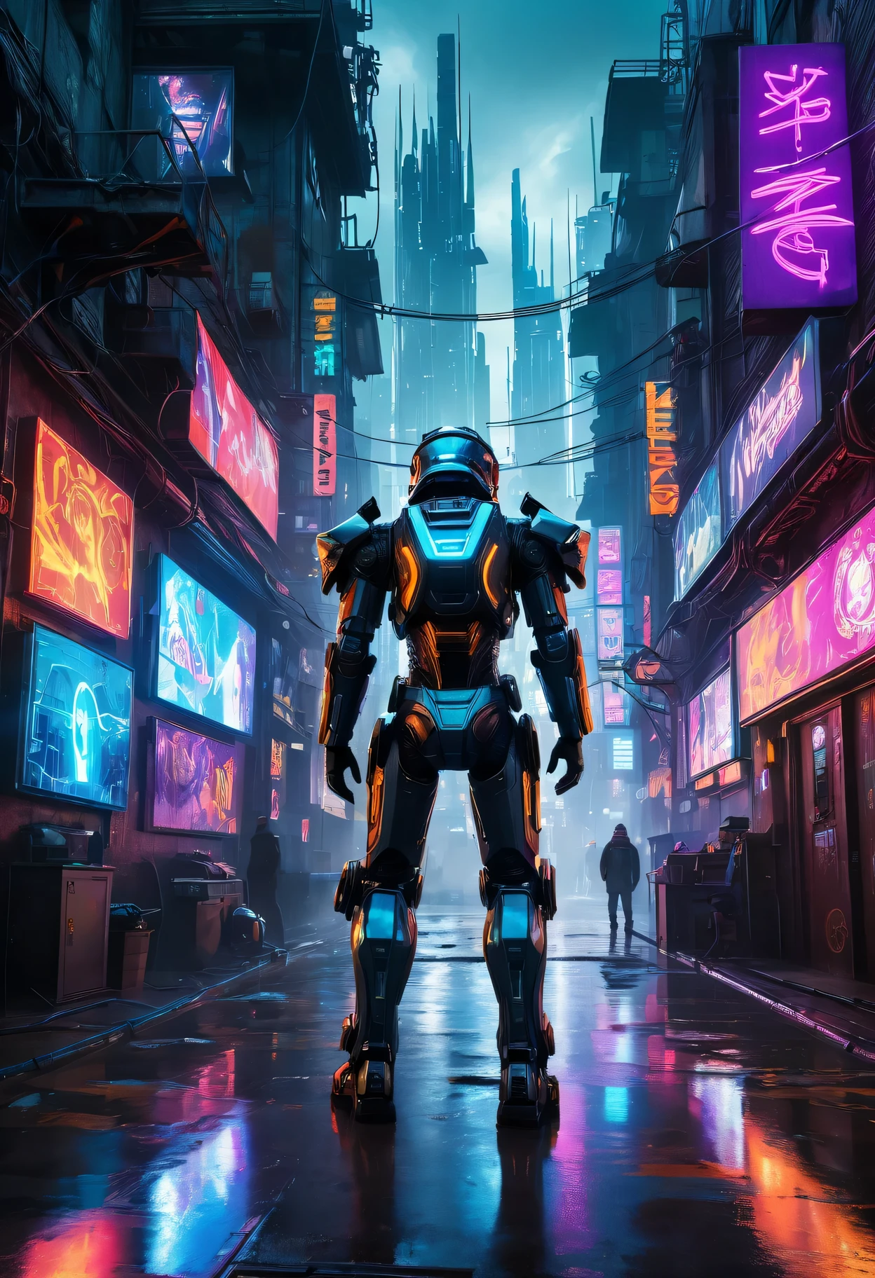 The Batman in the futuristic white mechanical uniform in the city