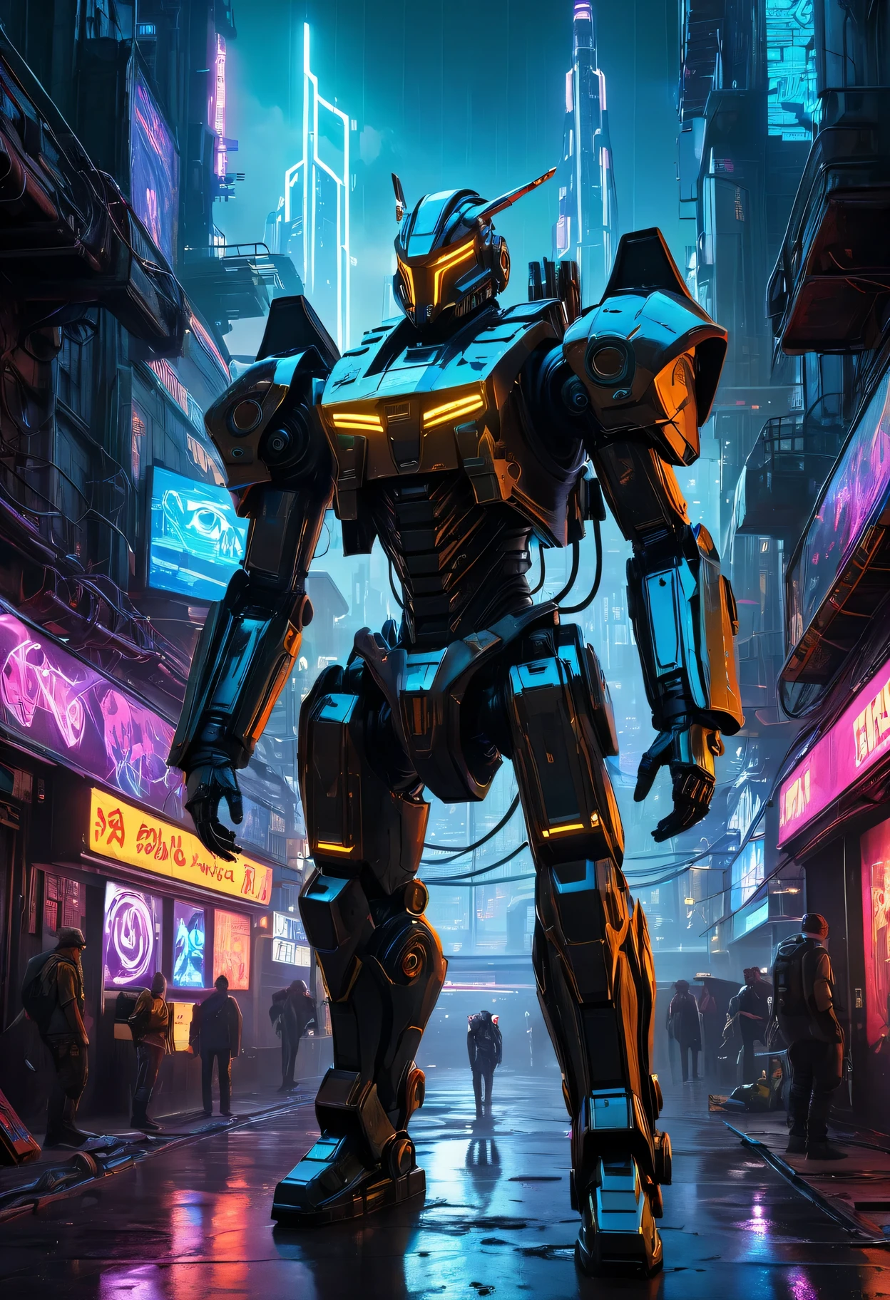 high-resolution,ultra-detailed,photorealistic:1.37,sci-fi,cyberpunk,concept artists,medieval,futuristic,laser swords,advanced armor,urban dystopia,neon lights,hovering vehicles,grimy alleys,technological implants,glowing tattoos,enhanced vision,advanced weaponry,dystopian society,dark and gritty atmosphere,shadowy figures,mechanical enhancements,metallic exoskeletons,cybernetic horses,high-tech castles,holographic displays,industrial skyscrapers,cityscape illuminated with neon lights,post-apocalyptic ruins,high-speed chases,electronic music pulsating in the background,mercenary knights in futuristic armor,vivid color palettes with neon accents,smoke and fog,reflective surfaces and glass windows displaying advertisements,blurred motion,steampunk-inspired gadgets,retro-futuristic aesthetics,chrome-plated cybernetic limbs,high-tech visors with augmented reality overlays,glowing cybernetic eyes,powerful energy weapons,electric arcs dancing across the scenery,high-tech city governed by corrupt corporations,brooding atmosphere,unstable and flickering lightning,walls covered in graffiti and cybernetic implants,imposing and ominous presence of surveillance drones,dark and mysterious back alleys,heavy rain and thunderstorms,reflections on wet pavement,impressive and imposing cybernetic castle in the distance
