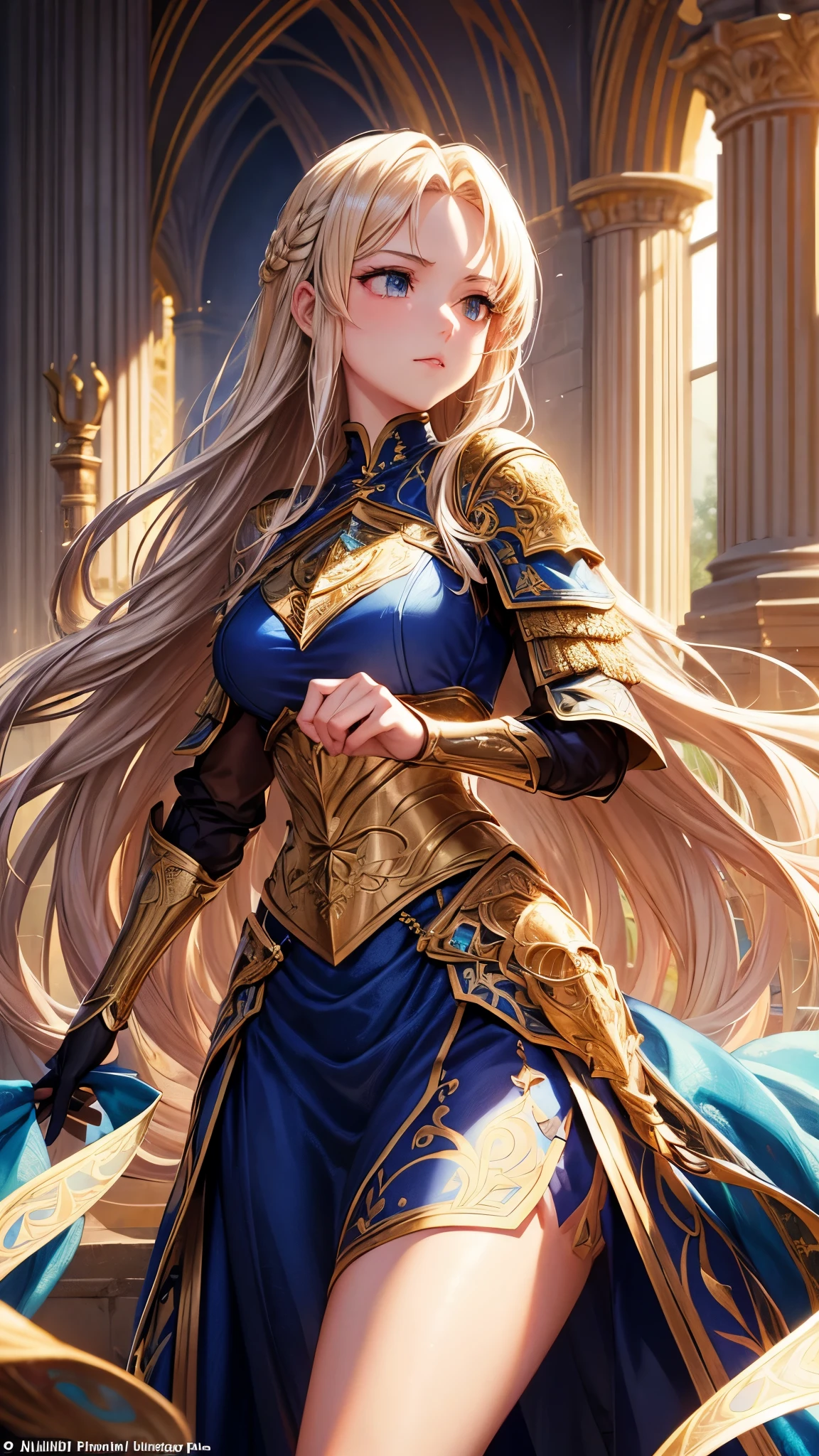 Create an 8k masterpiece game CG illustration of an exceptionally beautiful Western female knight. She should have luxurious long, wavy blonde hair that cascades down her back and shoulders, catching the light with a golden sheen. Her eyes are a captivating sapphire blue, sharp and resolute, reflecting her unyielding spirit. Her attire consists of a polished mini skirt armor, adorned with intricate filigree that catches the light, combining elegance with battle readiness. The background is a medieval castle's grand hall, with high vaulted ceilings and banners that tell of her noble heritage. The lighting should be dramatic, perhaps from torches lining the walls, casting a warm glow that highlights the textures of her armor and the softness of her hair, emphasizing the contrast between her noble bearing and the soft femininity of her features. Every aspect of her figure and the surrounding environment should be rendered with exquisite detail, making this image a true testament to high fantasy art within the gaming world.