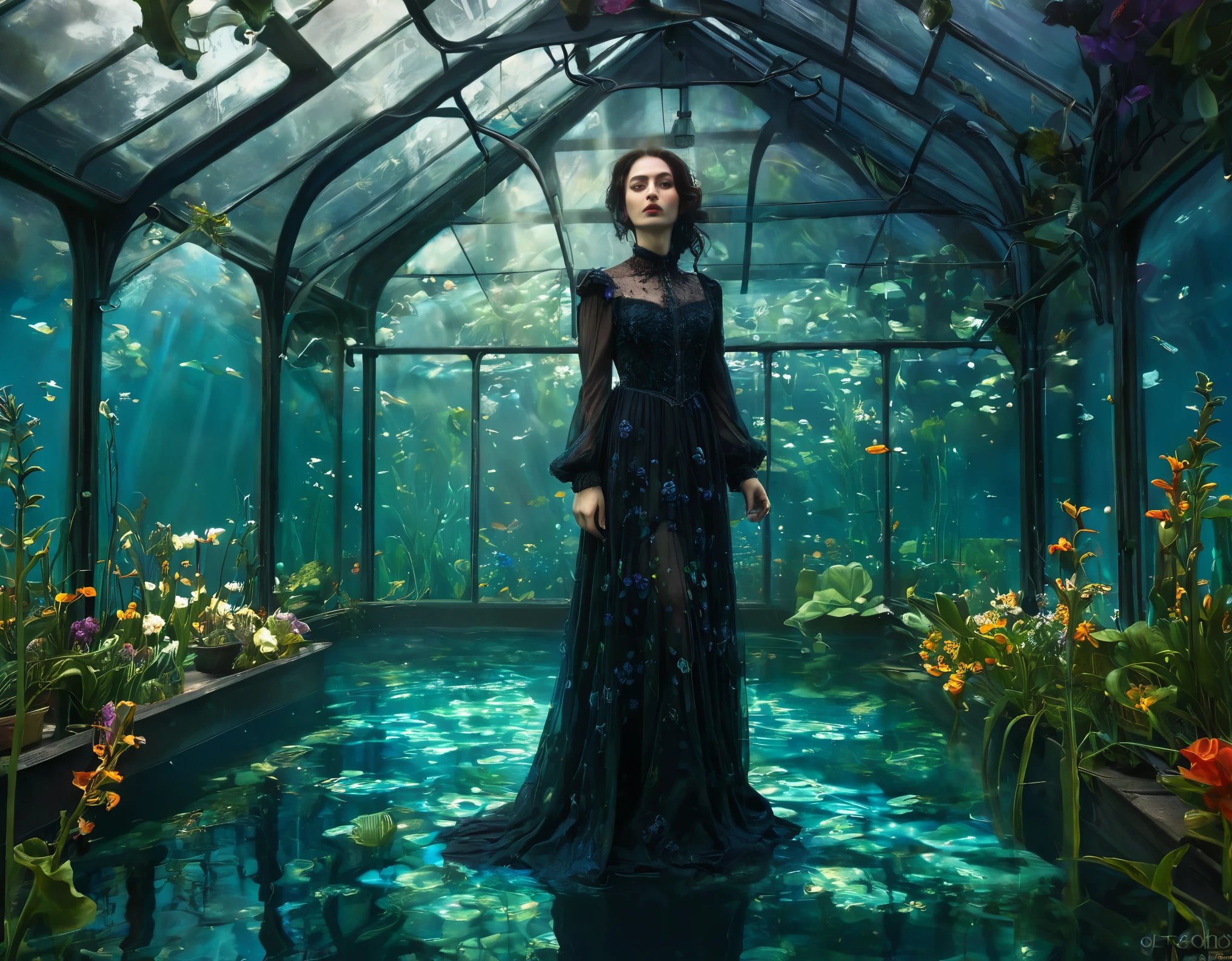 woman, ethereal flowery gothic dress, victorian underwater greenhouse, illustration, dark matter, best quality oil painting, (detailed:1.4), photorealistic, vivid colors, tenebrism, H!D