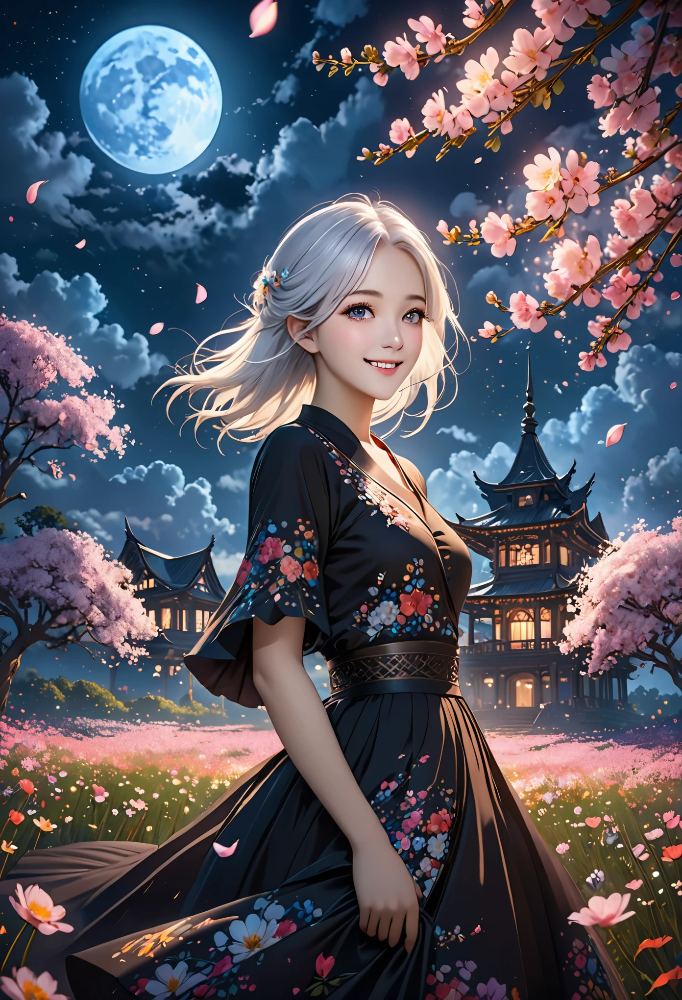 masterpiece, best quality, 1 girl, (rich and colorful),(Delicate and beautiful eyes and delicate face),cinematic Lighting,Half-length photo,Extremely detailed CG unified 8k wallpaper,white hair,alone,Smile,intricate skirt,((flying petals)),(meadow in bloom) Sky, cloudy_Sky, architecture, moonLight, moon, night, (dark theme:1.3), Light, fantasy,