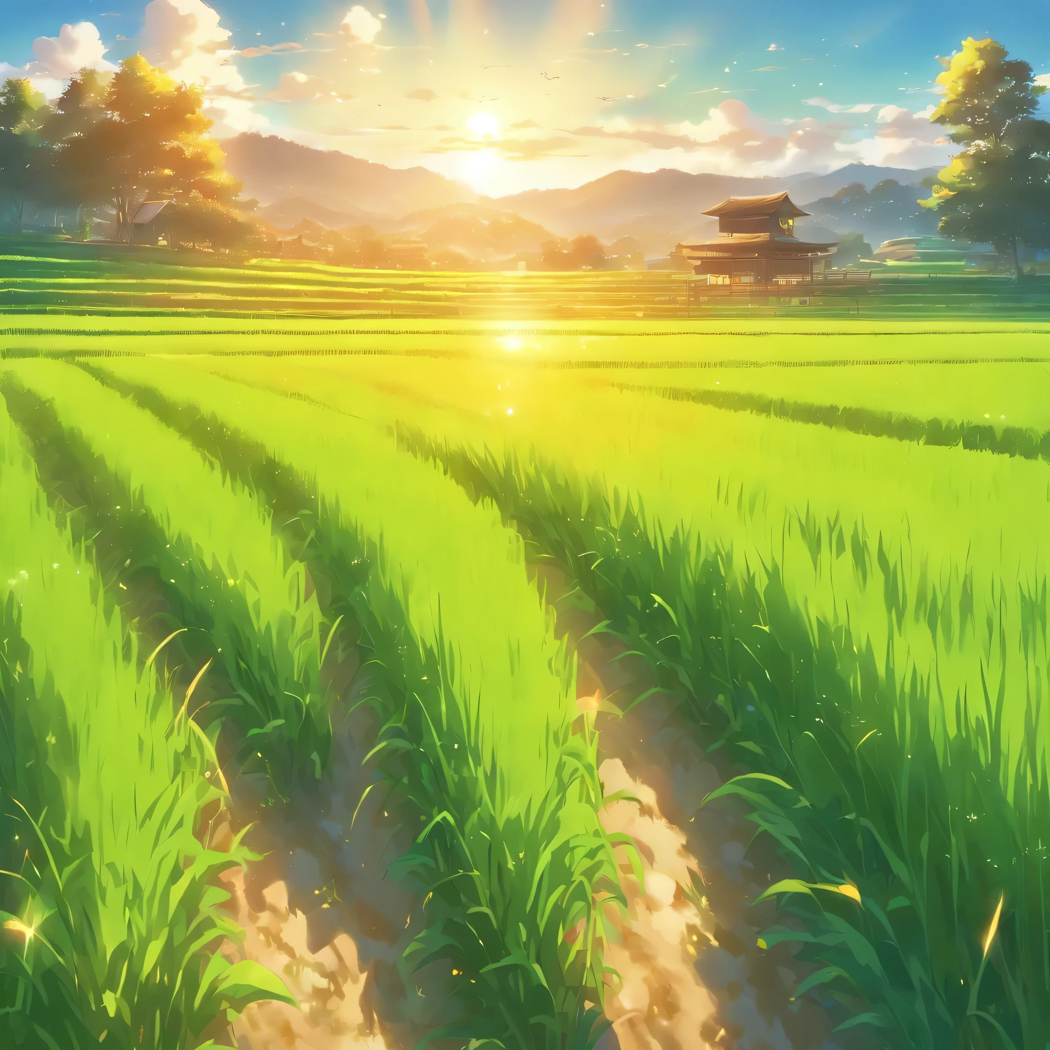 (close up view,highest quality,High resolution:1.2),bright green rice field,Shine under the rays of the sun,Peaceful rural scenery,Full of neatly planted rows of young rice,Reflecting the harmony between humans and nature,enchanting landscape,With the gentle breeze rustling the leaves,Create a seductive effect,emerald shades painting canvas,Create a sense of tranquility,A symphony of textures and colors,Rich soil for growing crops,under the deep blue sky,Through the lens of a professional photographer,Sharp focus and vibrant colors,Perfectly captures the intricate details of each blade of grass,Celebrating natural beauty in its purest form,Rolling hills and distant mountains々surrounded by,further accentuated by the warm golden sunlight,casts a long shadow across the field,Inject a touch of magic into your scene,Peaceful countryside environment,A place where time seems to stand still,invites you to stop and enjoy the moment,masterpiece of natural beauty,Deserves praise and appreciation.