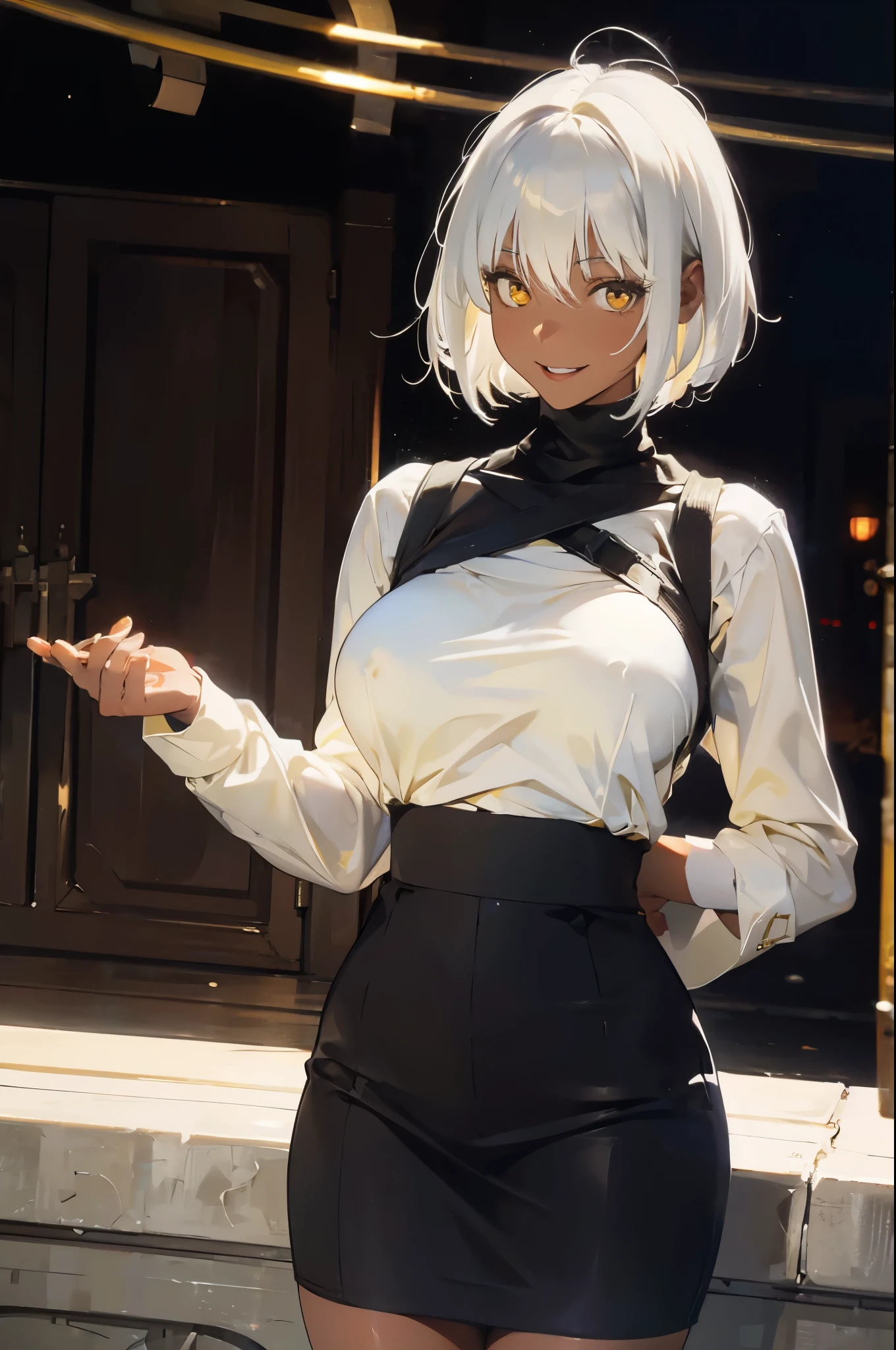 Somidev, white hair, yellow eyes, short hair, dark skinned female 1girl, alone, Big breasts, looking at the audience, Smile, White turtleneck shirt, black skirt, permanent, Upper body, 
masterpiece, best quality，（（huge breasts）），Grooves reveal original skin