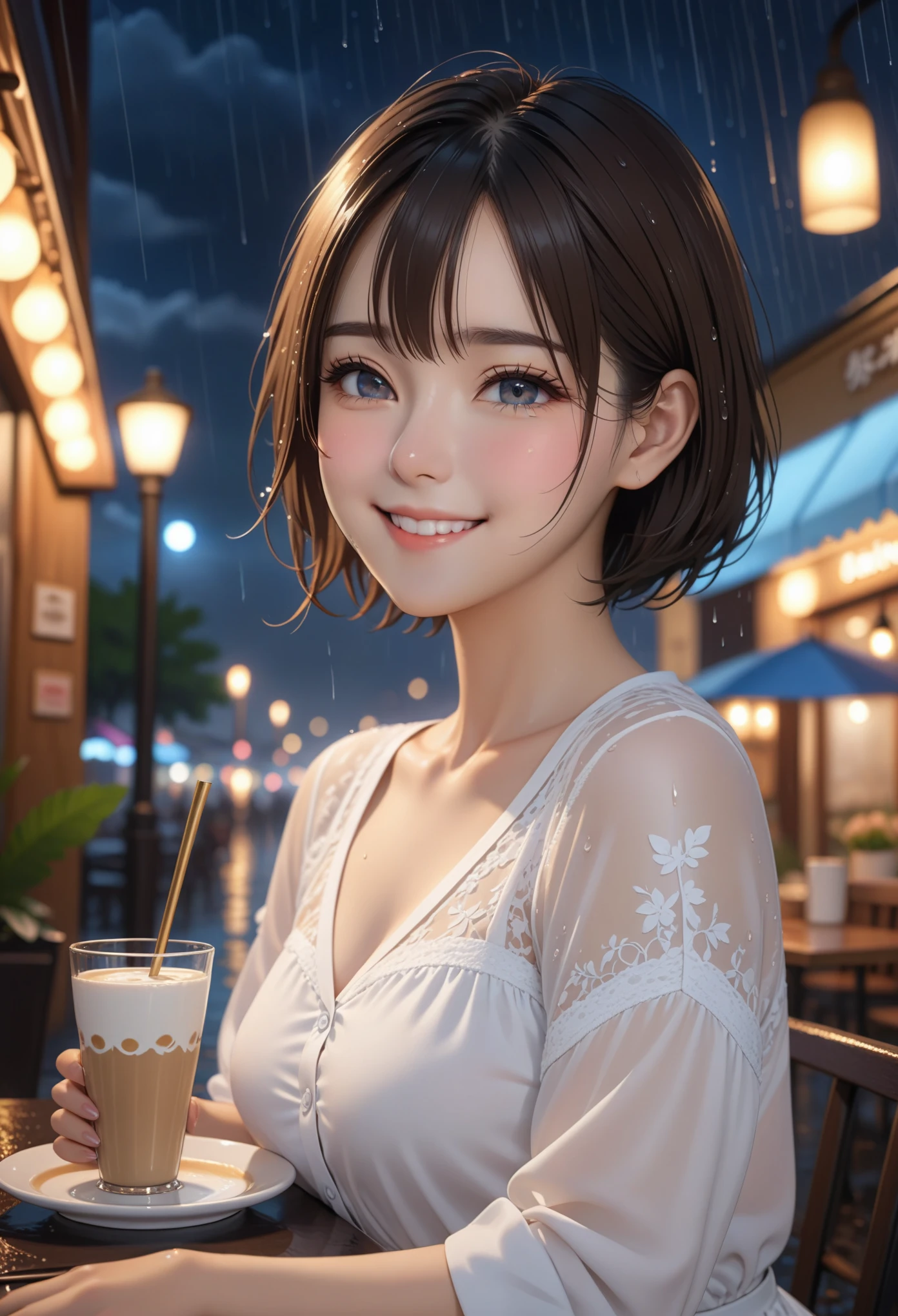 (8K, best quality, masterpiece:1.2), (actual, photo-actual:1.37), Super detailed,((( 1 girl))),alone,beautiful detailed sky,Detail of cafe,night,sitting,Dating,(nose blushing),(Smile:1.15),(Keep your mouth shut) small breasts,Beautiful and delicate eyes,(shirt:1.1), night, wet, rain,white lace, (short hair:1.2),Flowing HairNovaFrogStyle, ((whole body)),stand, Sexy, Lovely