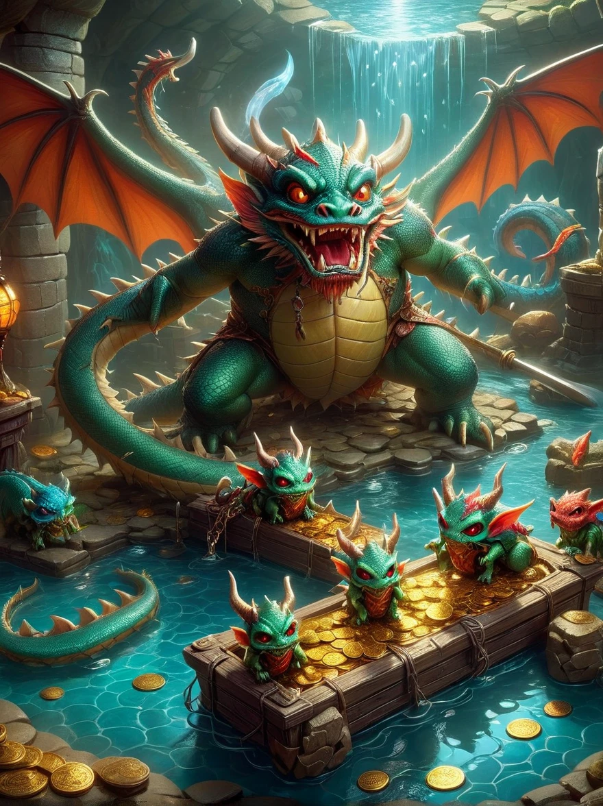(((Dungeons & Dragons)))，dragon&#39;s underground lair，Dark and damp, full of treasures、bones and weapons，（low light，shadow，strange lamp），huge bat-like folding wings，（horned，scaly，Reptiles），eyes sparkling，Sword and Ax Collection，The box is full of gold coins and gems，water and mineral pool，（FOG），surrounded by net，（Warning tape），Featuring goblins equipped with armor and weapons，Orc and Troll Guards，（Threat exists），Extremely detailed settings, Keith Haring style graffiti,sharp illustration, bold lines and solid colors, simple details, minimalist