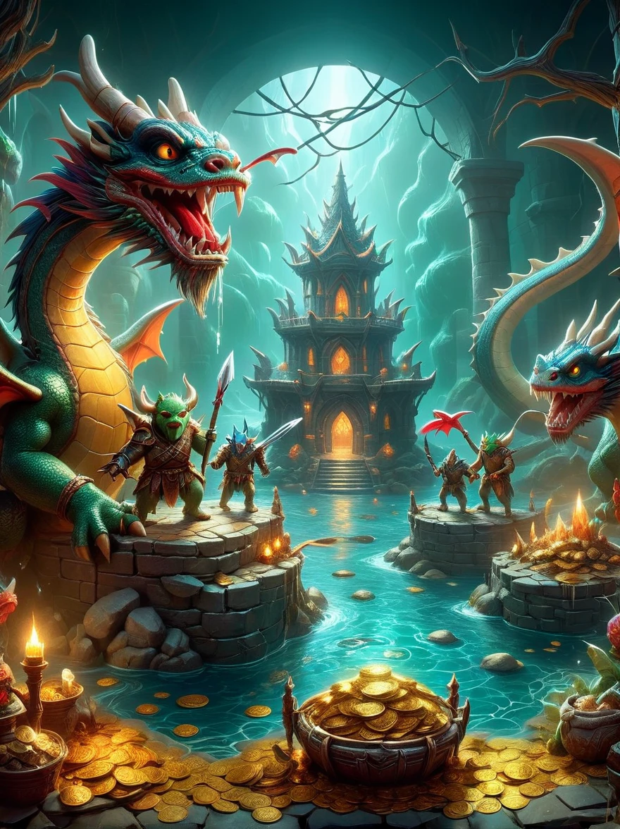 (((Dungeons & Dragons)))，dragon&#39;s underground lair，Dark and damp, full of treasures、bones and weapons，（low light，shadow，strange lamp），huge bat-like folding wings，（horned，scaly，Reptiles），eyes sparkling，Sword and Ax Collection，The box is full of gold coins and gems，water and mineral pool，（FOG），surrounded by net，（Warning tape），Featuring goblins equipped with armor and weapons，Orc and Troll Guards，（Threat exists），Extremely detailed settings, Keith Haring style graffiti,sharp illustration, bold lines and solid colors, simple details, minimalist