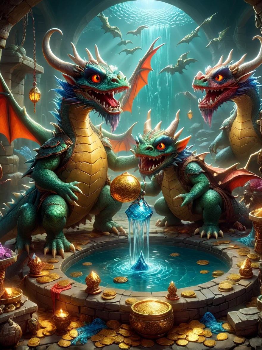 (((Dungeons & Dragons)))，dragon&#39;s underground lair，Dark and damp, full of treasures、bones and weapons，（low light，shadow，strange lamp），huge bat-like folding wings，（horned，scaly，Reptiles），eyes sparkling，Sword and Ax Collection，The box is full of gold coins and gems，water and mineral pool，（FOG），surrounded by net，（Warning tape），Featuring goblins equipped with armor and weapons，Orc and Troll Guards，（Threat exists），Extremely detailed settings, Keith Haring style graffiti,sharp illustration, bold lines and solid colors, simple details, minimalist