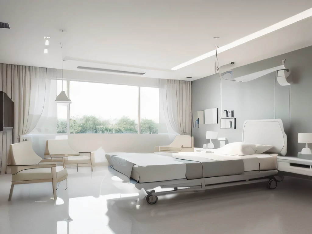 There are rows of seats in the hospital waiting area, interior architectural landscape, Best Rendering, interior design details, interior design architecture, concept , interior background art, visual development, concept drawing, anamorphic illustration, modern style, High quality color sketch, concept art highly detailed, Beautiful artist rendering, 8K,cool white interior effect，Modern light and shadow，Modern hospital corridor，Very high quality of light and shadow，Ultra high rendering，Interior renderings，Render with enscape，3D rendering，sharp edge, 
