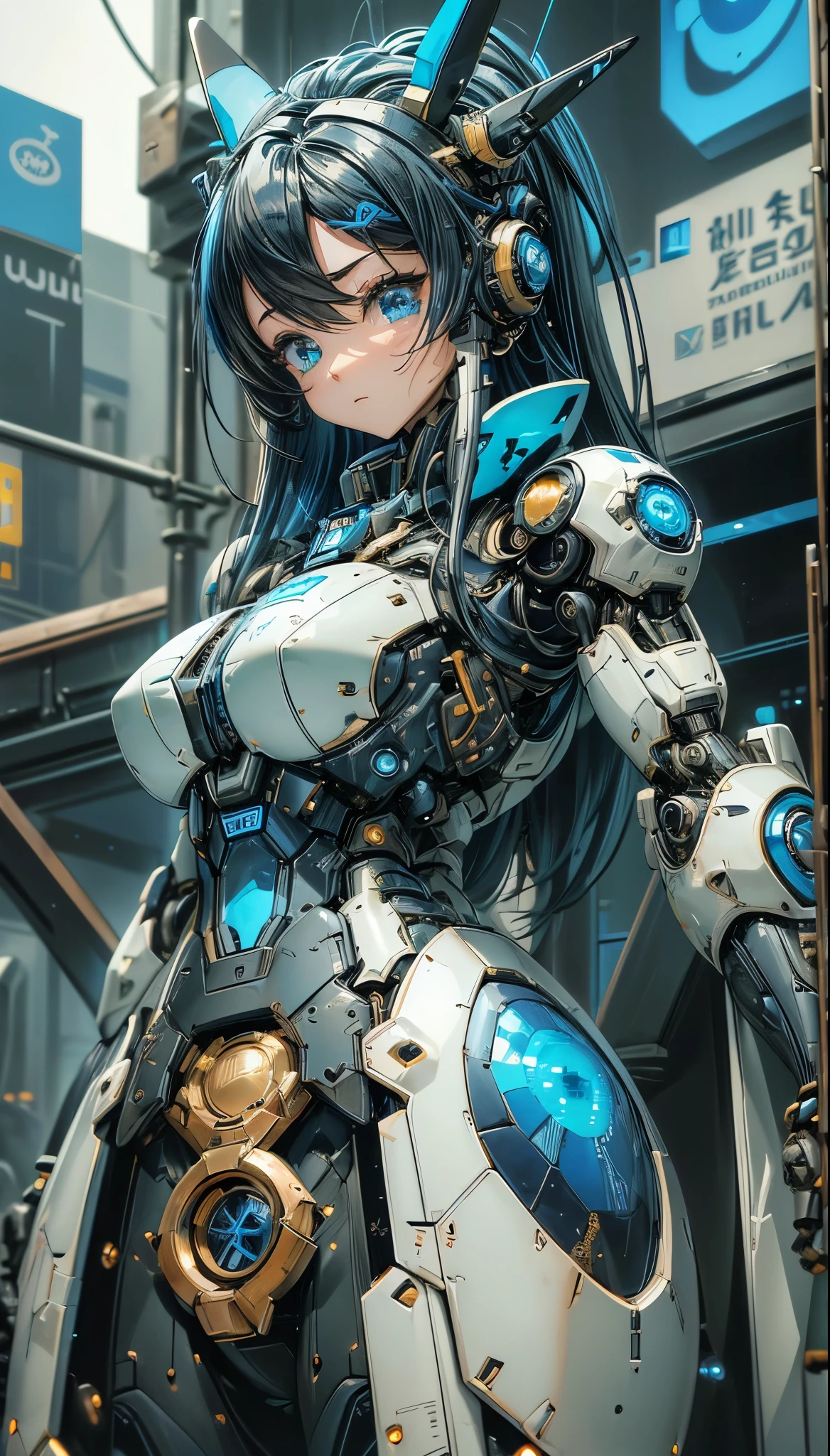 obra-prima、Near future、super elaborado、maximum quality、ultra-detalhado、very detailed illustration、altamente detalhado、detalhes intrincados、high resolution、detalhes supercomplexos、Haltamente detalhado 8k CG wallpapers、caustics、Refletores、Ray tracing、1 garota em:1.4)、only、sozinho、(azul_tema:1.3)、(cinzas_tema:1.3)、(Museu Mecha(azul_tema:1.6)、Museu Mecha(branca_tema:1.1)、Museu Mecha、machine components、robot joint、mechanical armmechanical legs、Head equipment、Complex mechanical body、Mechanical Power Wing、Electromechanical parts、cybernetic parts、robotics、rifle de energia(Mechanical sniper rifle)、)、Cabelo muito comprido、Cabelo Preto e Azul(Preto e azul longo)、 O olho((olhos azuis、olhos amarelos、)(olhos radiantes、)(Eye trajectory、))random facial expression、TOKYO October(Shibuya)、Cidade、night time、((luz neon、azul Neon Light))、(Detailed history、(azul_tema:1.3)、(cinzas_tema:1.3)、Cidade)、((obra-prima))、absurdo、nffsw、(Classic headshot pose)、cidade ciberpunk、obra-prima、high resolution、