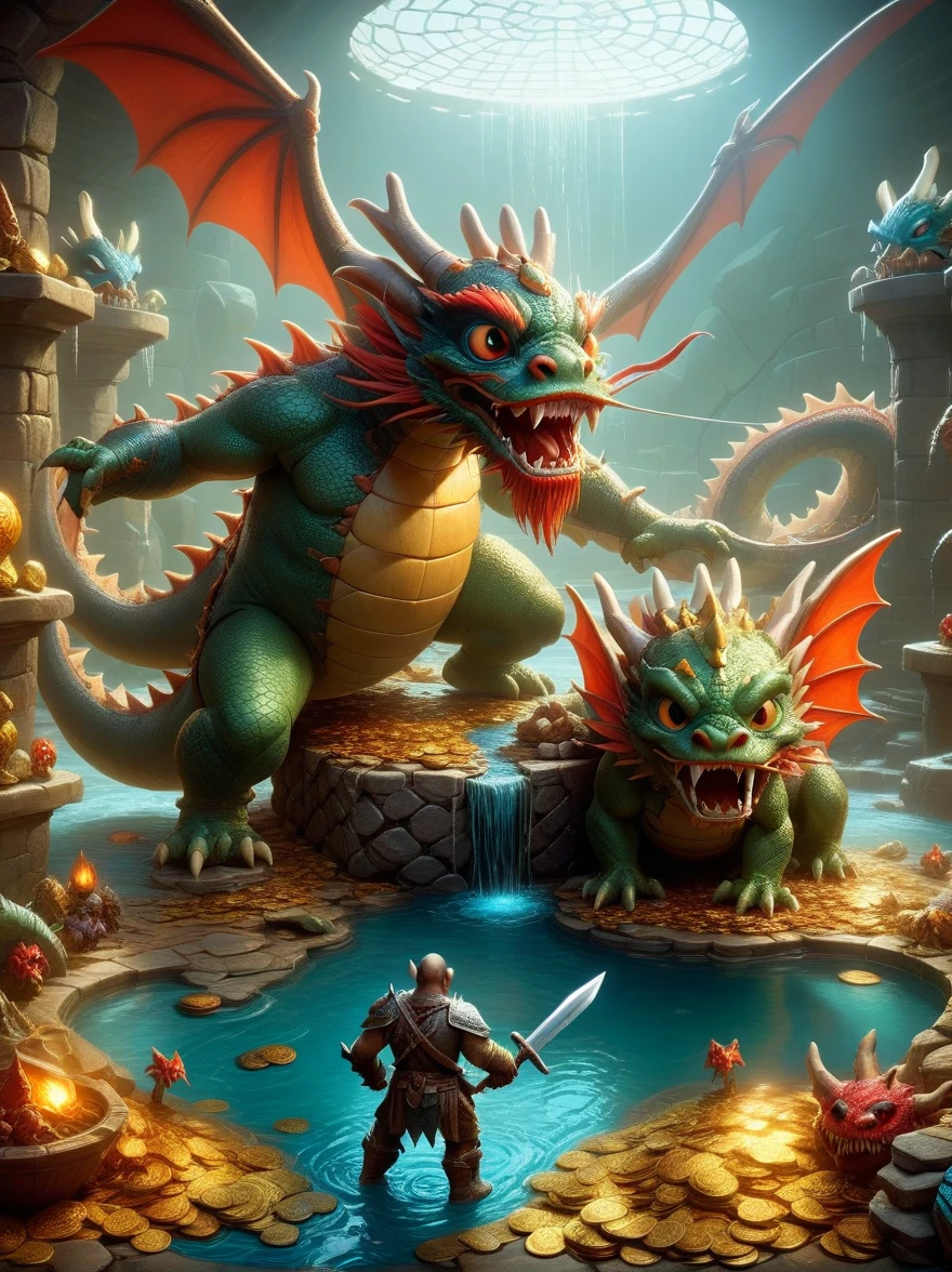(((Dungeons & Dragons)))，dragon&#39;s underground lair，Dark and damp, full of treasures、bones and weapons，（low light，shadow，strange lamp），huge bat-like folding wings，（horned，scaly，Reptiles），eyes sparkling，Sword and Ax Collection，The box is full of gold coins and gems，water and mineral pool，（FOG），surrounded by net，（Warning tape），Featuring goblins equipped with armor and weapons，Orc and Troll Guards，（Threat exists），Extremely detailed settings, Keith Haring style graffiti,sharp illustration, bold lines and solid colors, simple details, minimalist