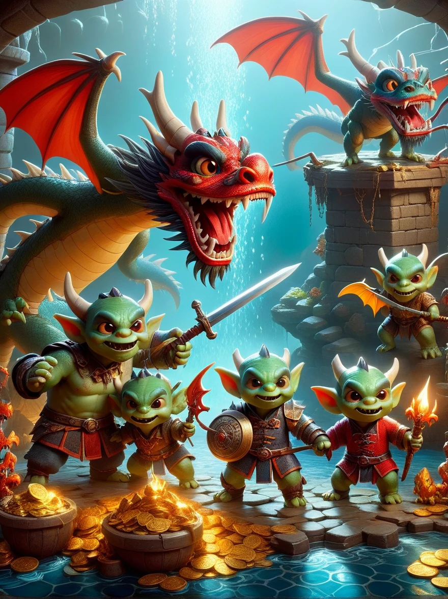(((Dungeons & Dragons)))，dragon&#39;s underground lair，Dark and damp, full of treasures、bones and weapons，（low light，shadow，strange lamp），huge bat-like folding wings，（horned，scaly，Reptiles），eyes sparkling，Sword and Ax Collection，The box is full of gold coins and gems，water and mineral pool，（FOG），surrounded by net，（Warning tape），Featuring goblins equipped with armor and weapons，Orc and Troll Guards，（Threat exists），Extremely detailed settings, Keith Haring style graffiti,sharp illustration, bold lines and solid colors, simple details, minimalist