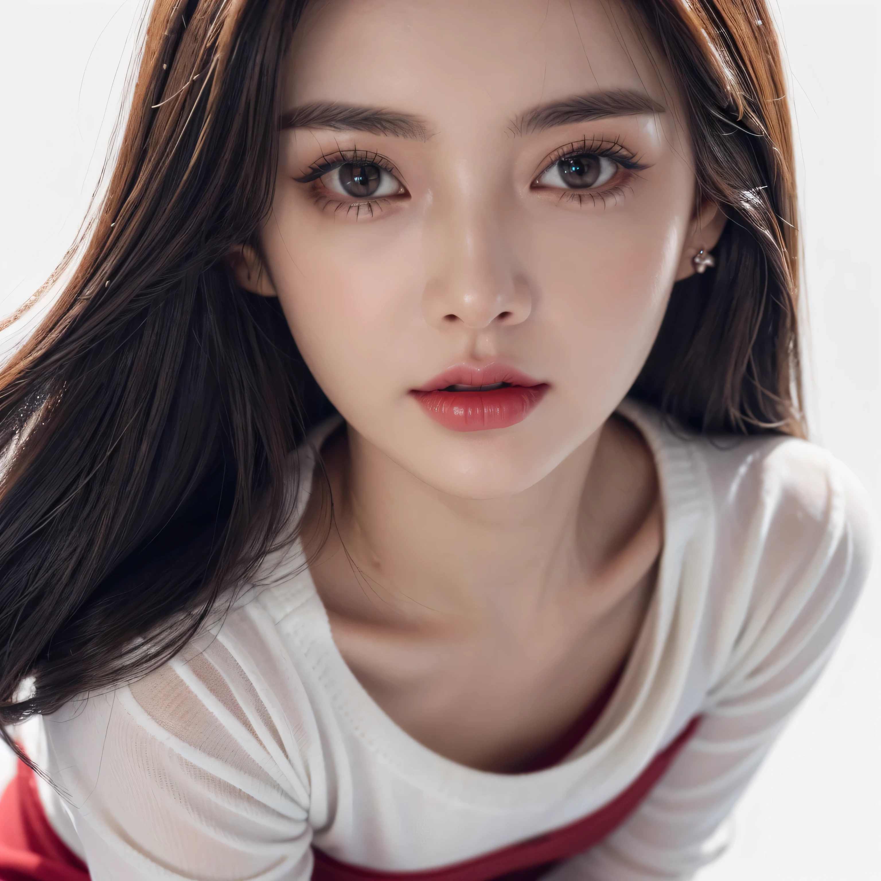 a woman, beautiful, amazing face and eyes, cosmetic, red glossy lips, (Extremely detailed beautiful face), (The sexiest look), (Sweatshirt), (best quality), (Super detailed), (Extremely detailed CG unified 8k wallpaper),original photo, Professional photography, (standing), (pure white background),(black hair),(big eyes),(Soft light source),(A little cleavage),(shorts),(black top)