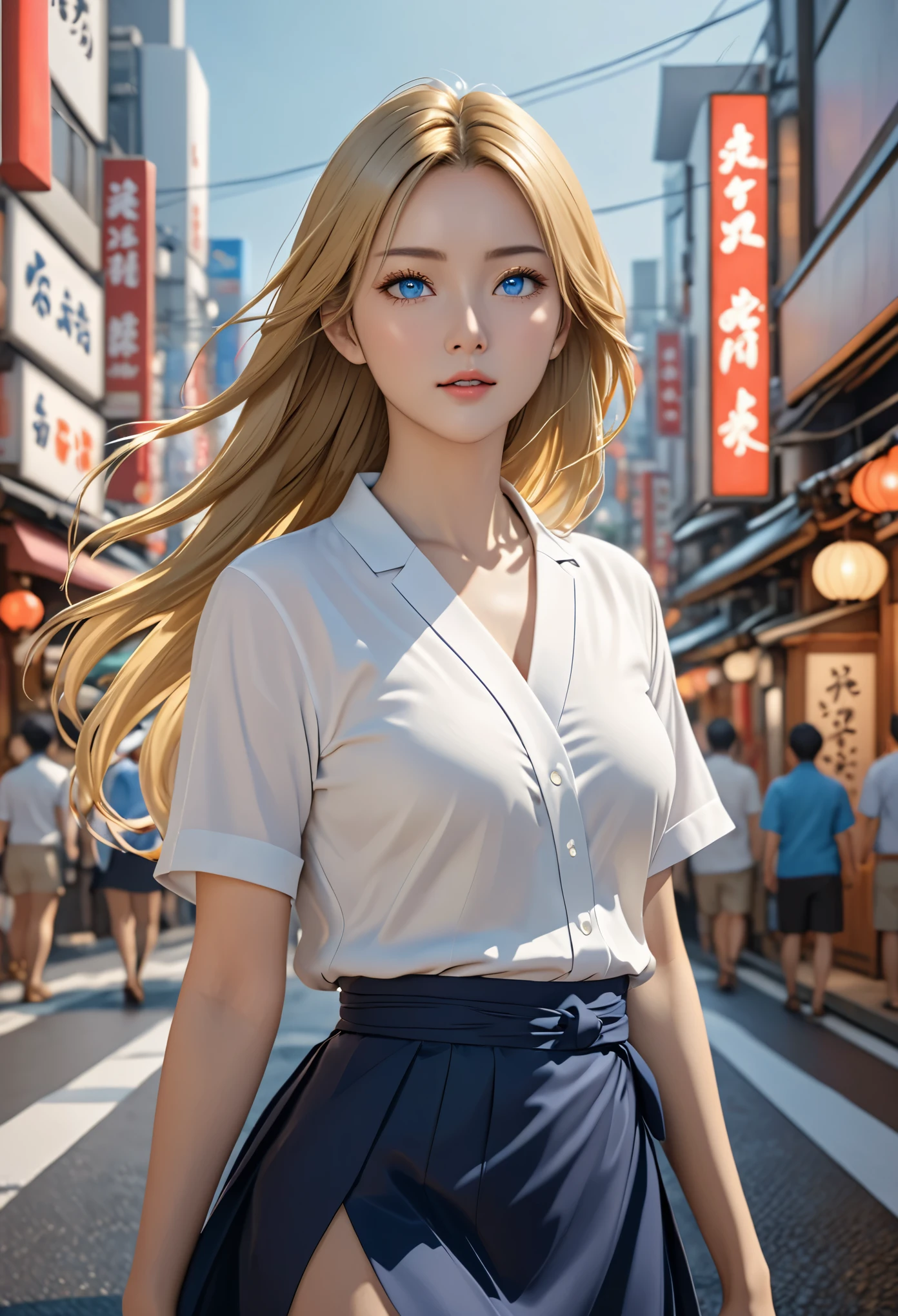 masterpiece, best quality, 8K, photorealtic, actual, octane rendering, Japan's bustling city streets (1 female: 1.4), (There is only one woman on the screen: 1.3), (White shirt), (long golden hair), (hip wrap skirt), (blue eyes) Upper body display