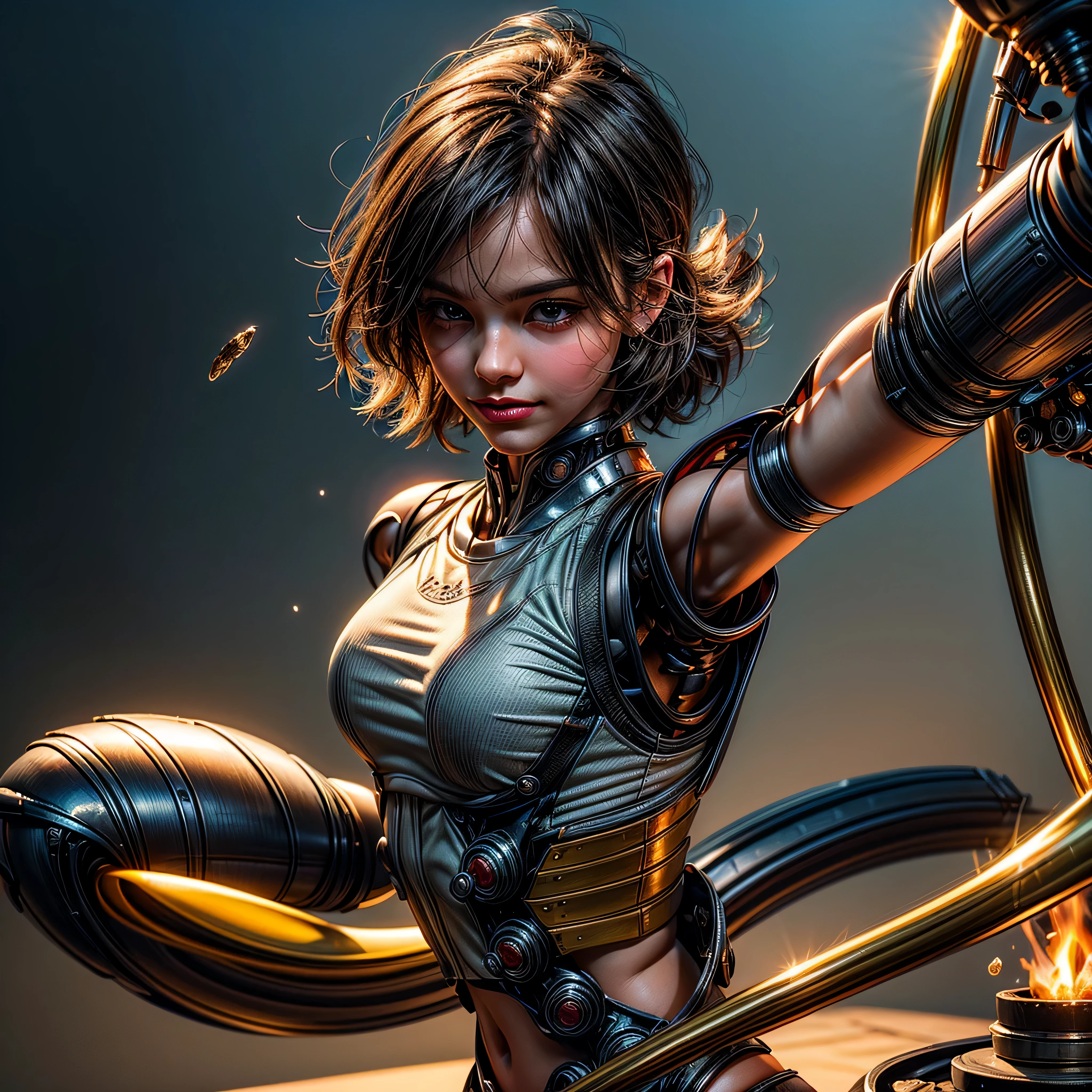 A fine Mecha-girl fullbody mechanized Legs full-prosthesis heavy high Boots, with black hair, she is wearing short shorts and a shirt, she's 18, her eyes are dark brown, coffee, she loves coffee, she is holding a cup of coffee, she is black, has dark skin, Globe World Earth (epic tMasterpiece, ultra highest quality, ultra highest resolution, ultra high-definition, distinct_image, very elaborate CG cinematic_lighting ray_tracing drop_shadows (photorealistic: 1.4), ultra high-quality textures fine-grained realistic face expression, ultra sharp-focus): (Epic gorgeous girl brown short hair bulb frange big sparkling eyes, Eye level shot, happy smile, beauty, slim body small size breast) (max best quality,32K,tmasterpiece:1.2),Super detailed,lifelike:1.37,cute Mechanical dolls on children's fountain droplet,Emotional communication,interesting action,Ornaments,Possessing human emotions and intelligence,Mechanical dolls,big eyes,dark eye makeup,Dumb,cute,mechanical joint,short hair,whole body,action,posture,sneakers,fashionable costume,metal skin decoration,Clean,Warm,Warm hearth,blur background, red clothing, varied multi etc. --v6 --s1000 --c20 --q5 --chaos100