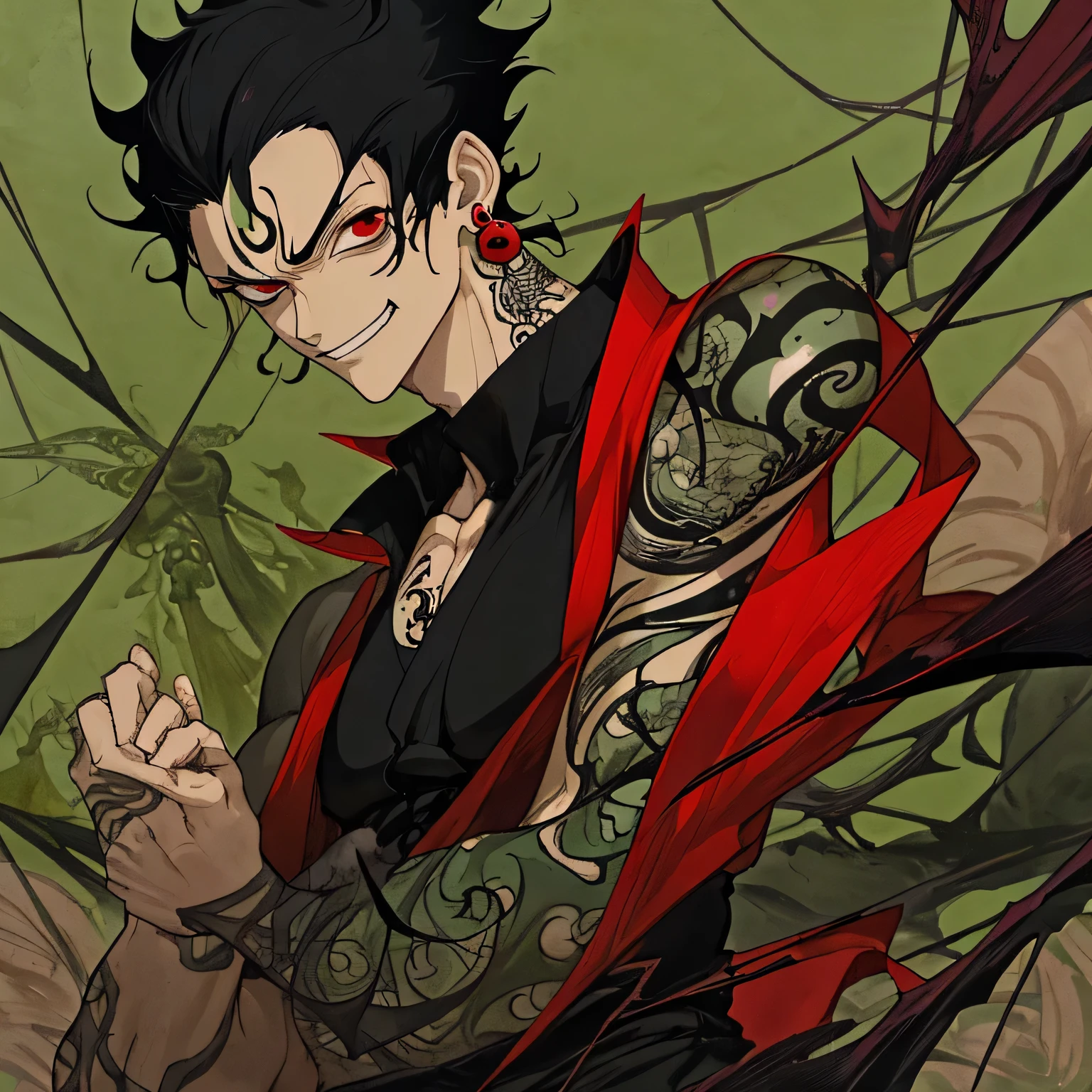 black hair、His hair is as short as Zoro from One Piece.、tattoo、slanted eyes、bad、earrings、young man、muscular、kimono、eyes are red、the skin is black、the skin is black、the skin is black、front、The lower body is a spider、bad smile、Spider thread is hanging、Inside the dark mansion、dark、night