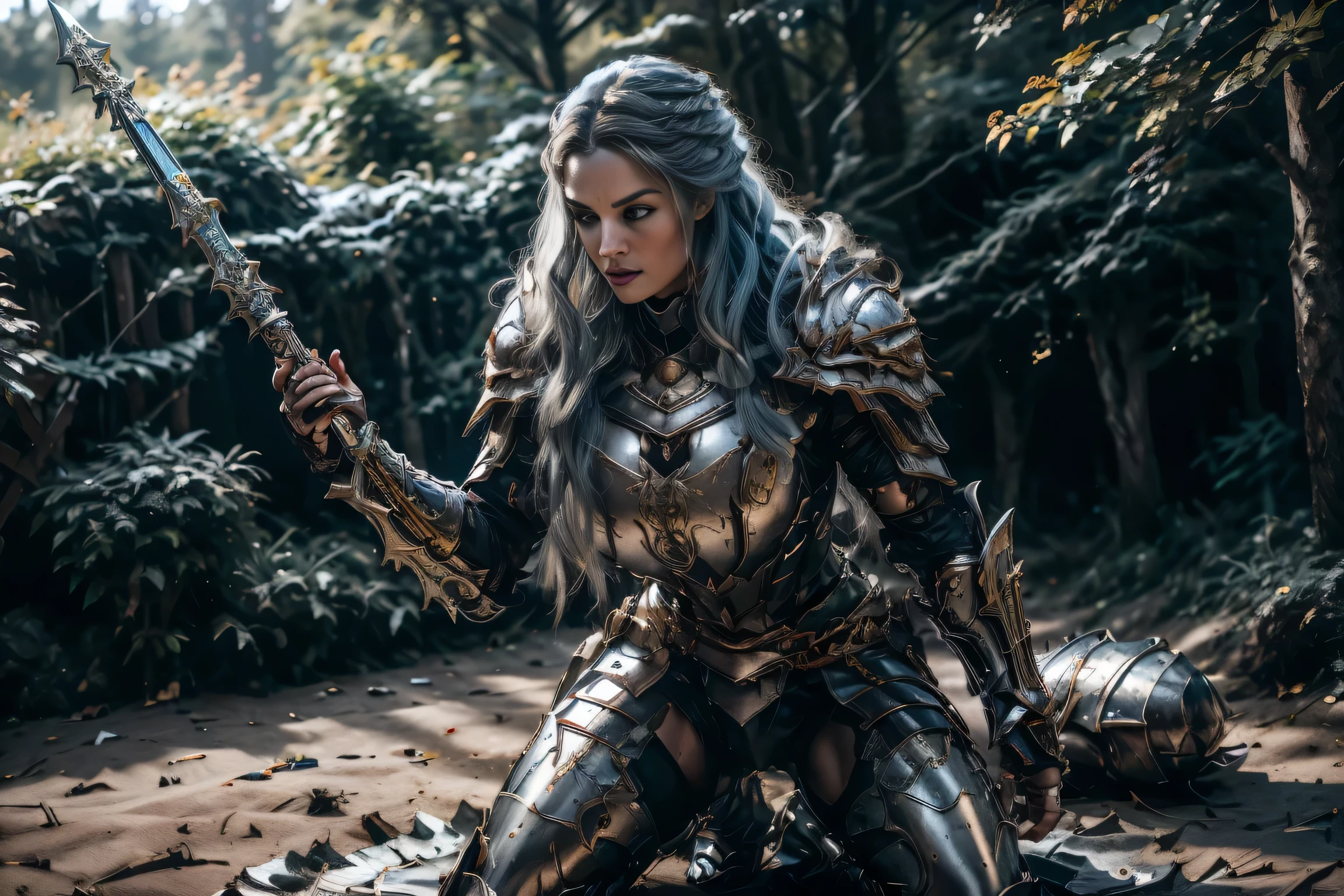 (8K, Raw photography, top-quality, masterpiece:1.2), close up,One Woman、age of 30.{scinematic angle、Wide Angle、Don't split the screen、}(Realistic Skins 1.4)、(valkyrie、Valkyria)、(the Witcher armor((Western knights、Plate armor covering the whole body、Metal armour )))、(((forest background, golden hour, Asgard))、50mm Lens、30mm film、wide angles(long wavy blue hair)、Blue eyes、shinny skin、beautiful detailed hair、Beautiful delicate face、Beautiful delicate eyes、{large chest、、muscular body, curvy big 、}、long wavy blue hair , long socks, black socks, black skinny trousers, skinny leggins, big hips, muscular girl, big hips, chest covered with armor, fighting pose, fight,duel pose, buried forest background, war scene, flames, the Witcher, buried ancient city n the background, big girl, fight pose, holding a great sword