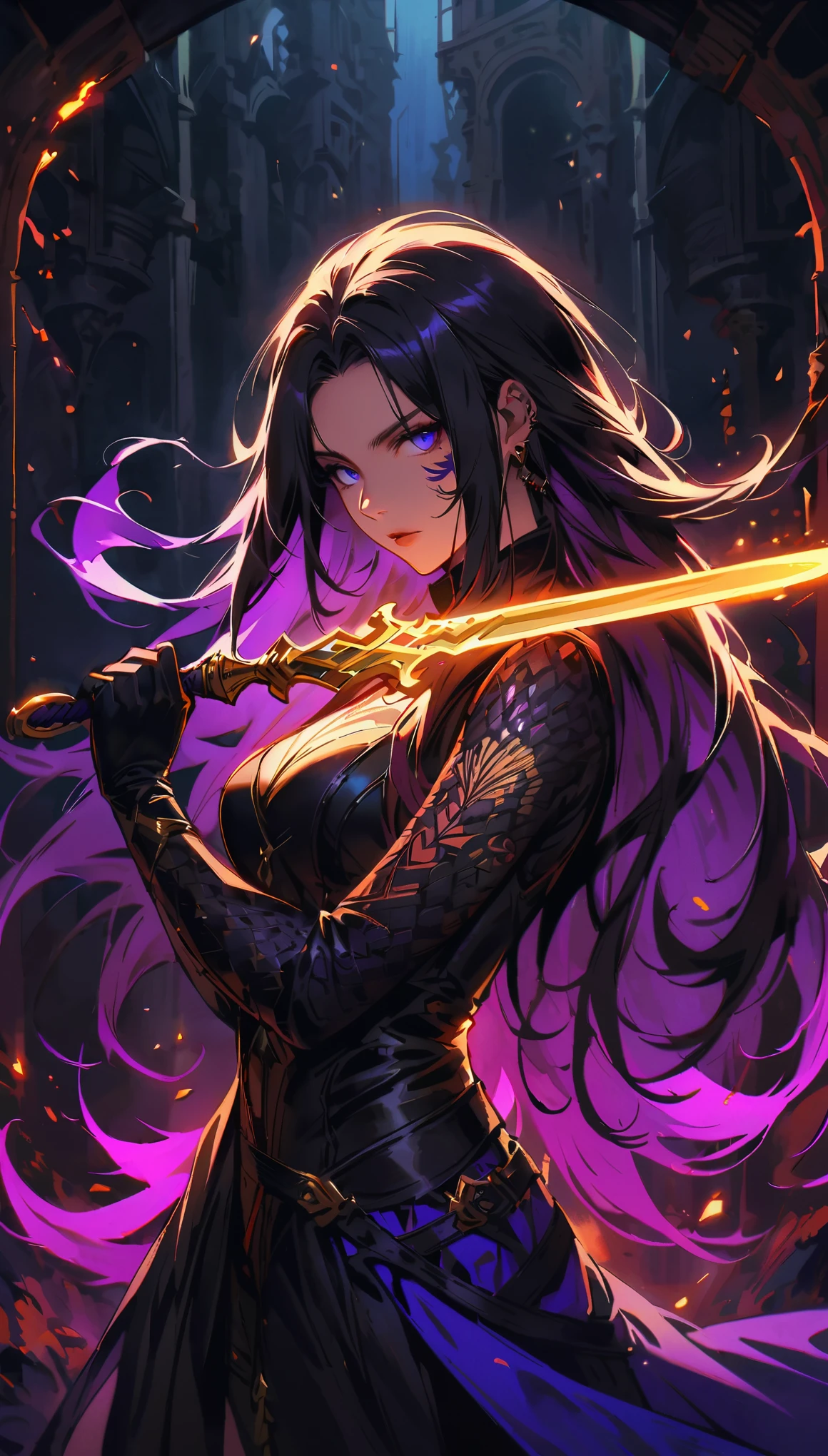 a detailed portrait of a female assassin in a dark fantasy setting, with long flowing hair in shades of black and purple, Tattood on the face, piercing blue eyes that emanate a sense of danger [detailed eyes, piercing blue:1.1], wearing a sleek black leather outfit [black leather outfit], adorned with intricate tattoos all over her body [intricate tattoos:1.1], including dragon scales on her arms [dragon scale tattoos] and an elaborate skull design on her back [skull tattoo:1.1]. She stands in a dimly lit underground chamber [dimly lit underground chamber], holding a (curved dagger), The scene is illuminated with flickering torches [flickering torches], casting shadows and enhancing the suspenseful atmosphere. The color palette is predominantly dark and moody, with hints of red and purple accents [dark and moody color palette, red and purple accents], creating a sense of mystery and danger. The lighting emphasizes the sharp edges and intricate details of the assassin's attire and tattoos, adding depth and texture to the overall composition [emphasis on sharp edges, intricate details]. The image is of the highest quality, with extreme attention to detail [best quality, extreme attention to detail:1.2], showcasing the artist's technical expertise and mastery of light and shadow. The art style is realistic yet with a touch of fantasy, capturing the essence of the dark and intriguing world of Dungeons & Dragons [realistic art style with a touch of fantasy].