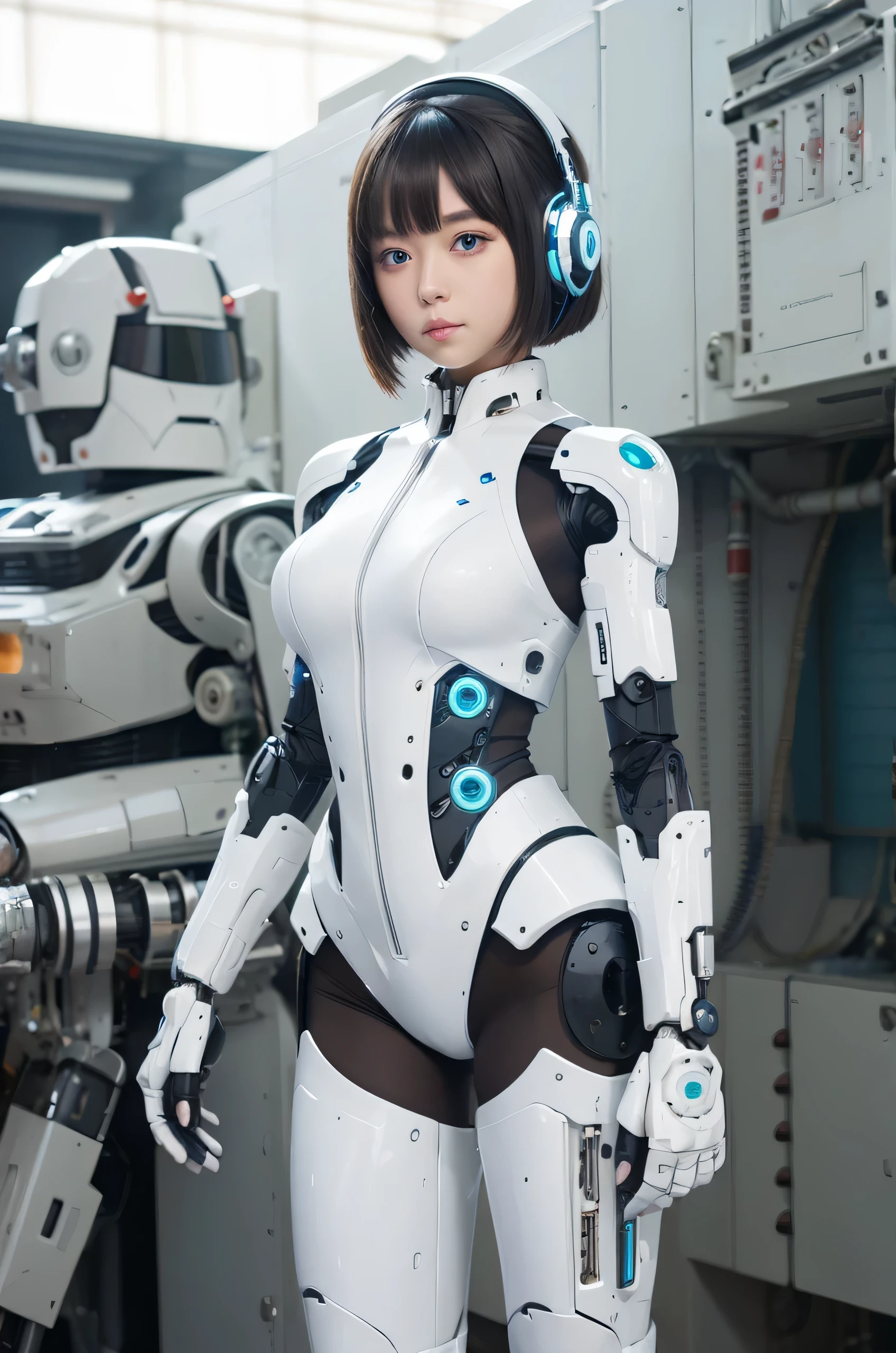 masterpiece, Best Quality, Extremely detailed, 8K Portrait,Japanese android girl,Plump,control panels,android,Droid,Mechanical Hand, ,Robot arms and legs, Black hair,Mechanical body,Blunt bangs,Charging spot,mechanical ear covers,android,robot humanoid,White robot body,mechanical ear covers,White and aqua uniform,aqua accent costume,mittens,blue eyes
