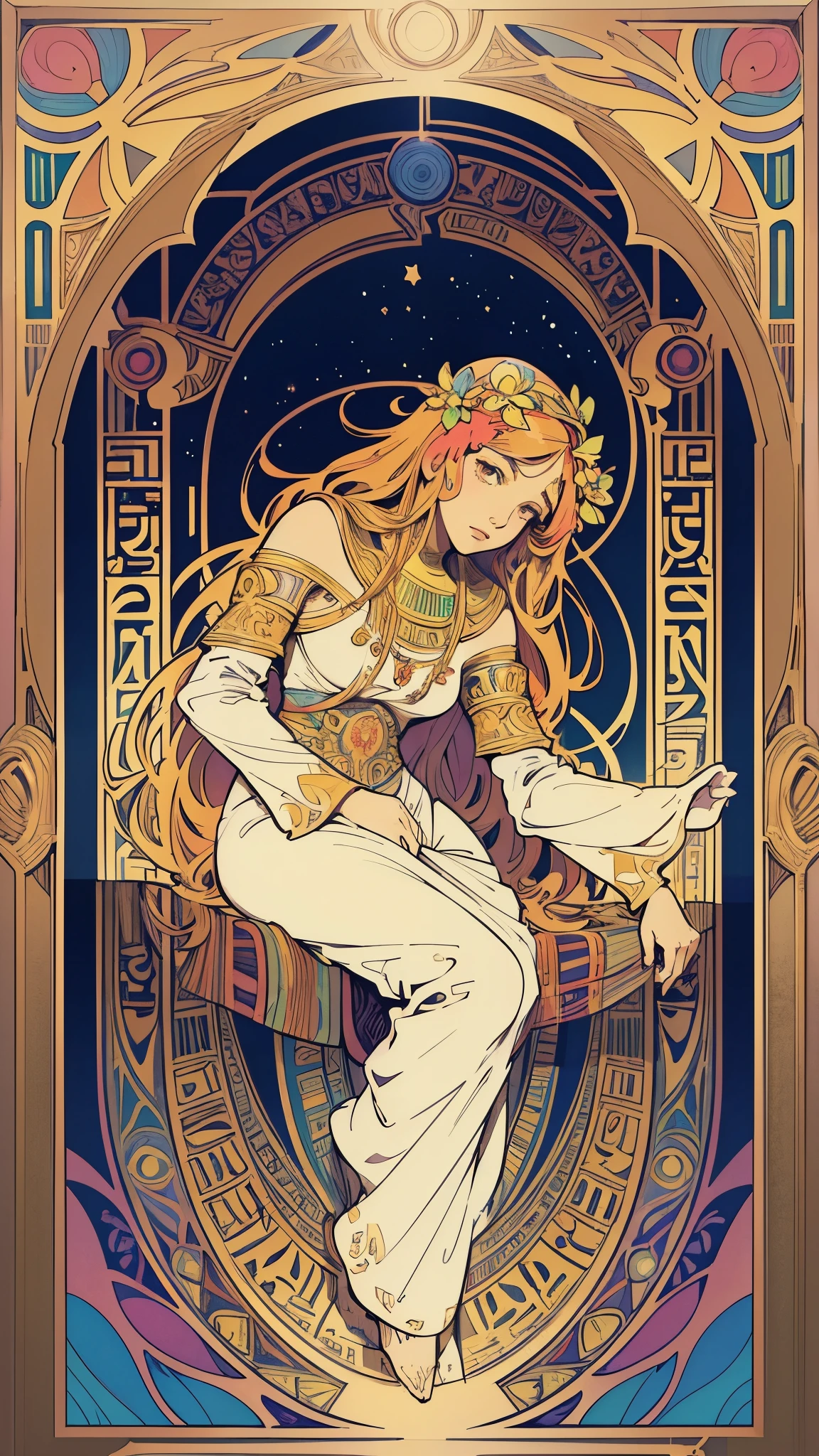 Tarot cards, High Priestess, the (Bear eared Goddess), Long white robe, art, Alphonse Mucha, Sit in a full-body chair, profile view