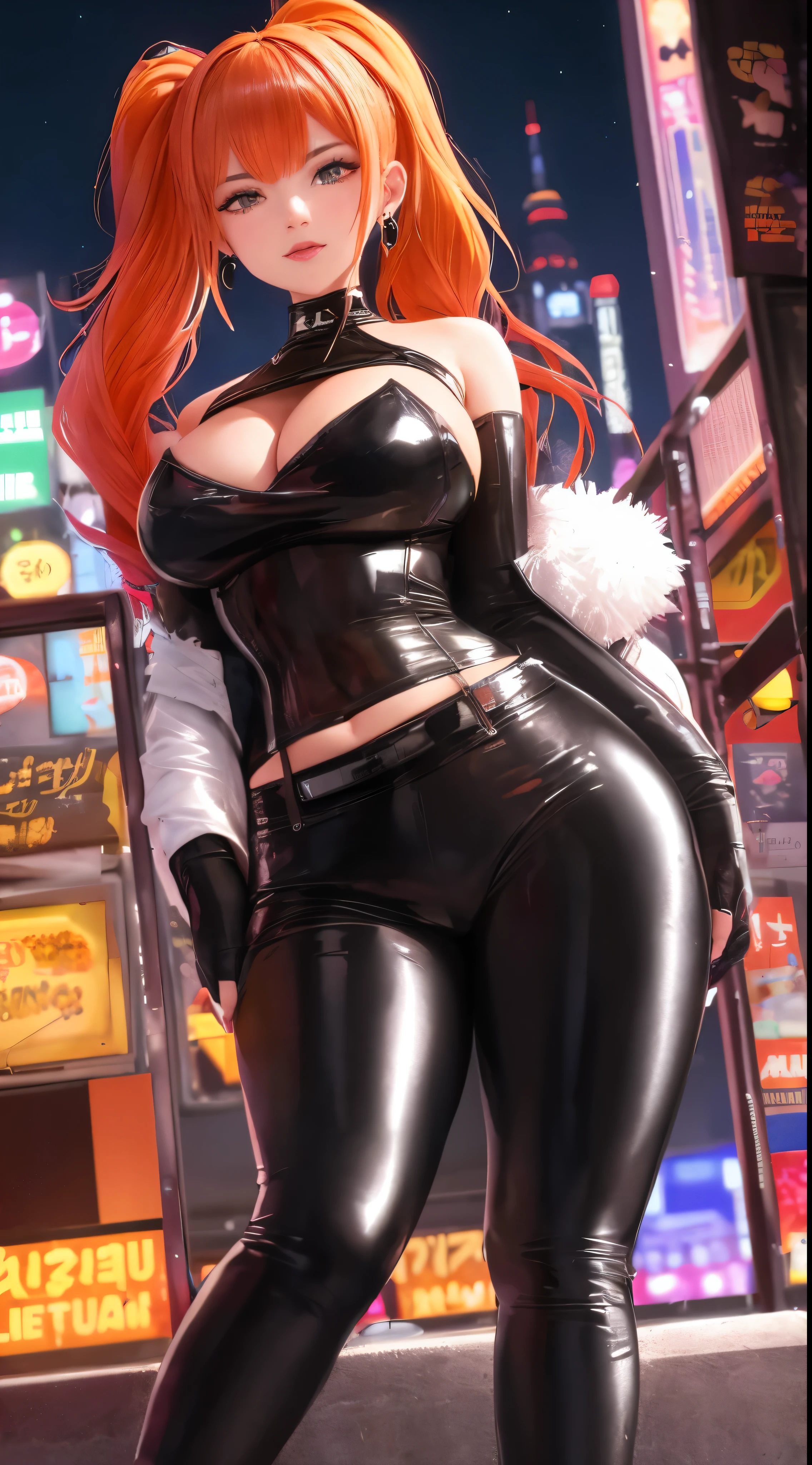 1 girl, (((bimbo))),earrings rings, plump lips, painted lips, thin lips. orange hair, Short ponytails, wide hips, thick thighs, latex tight pants, burst breasts Nightlife, night city, Cyberpunk-city, futuristic cityscape. neon lights, (skyscraper:1.1), tokyo tower, Palm tree, Fabric sign, flat stall, nightclub. Bright lights of the city, Exotic car. alcohol, There is, flat, soup stall ,alcohol bottles,