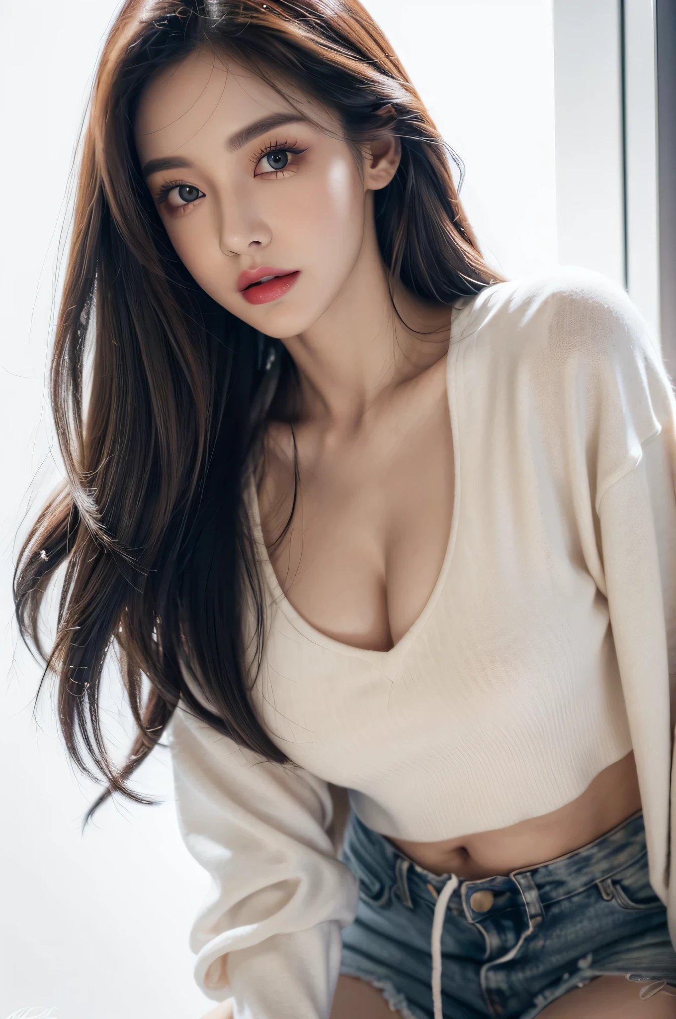 a woman, beautiful, amazing face and eyes, cosmetic, red glossy lips, (Extremely detailed beautiful face), (The sexiest look), (Sweatshirt), (best quality), (Super detailed), (Extremely detailed CG unified 8k wallpaper),original photo, Professional photography, (standing), (pure white background),(black hair),(big eyes),(Soft light source),(A little cleavage),(shorts),(black top)