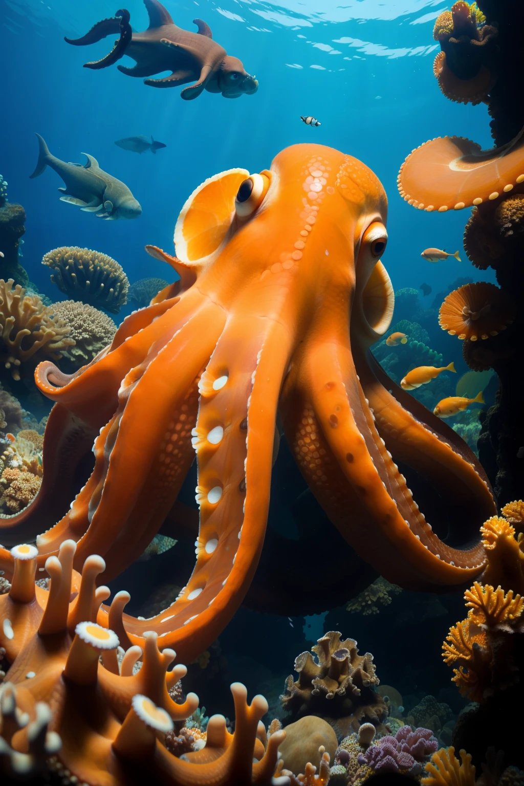 Pacific giant octopus, orange, at the acuarium,