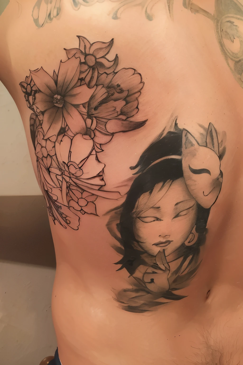 un primer plano de un hombre con un tatuaje en la espalda, Contorno de tinta, entintado en la piel, lineas oscuras, Tatuaje de geisha, inspired by Shunkōsai Hokushū, Contorno de tintas, detallado pero tosco, linea de trabajo, muchos detalles, inspirado en Kitagawa Utamaro, tatuaje completo, tinta en la piel, detalle agregado, boceto tatuaje