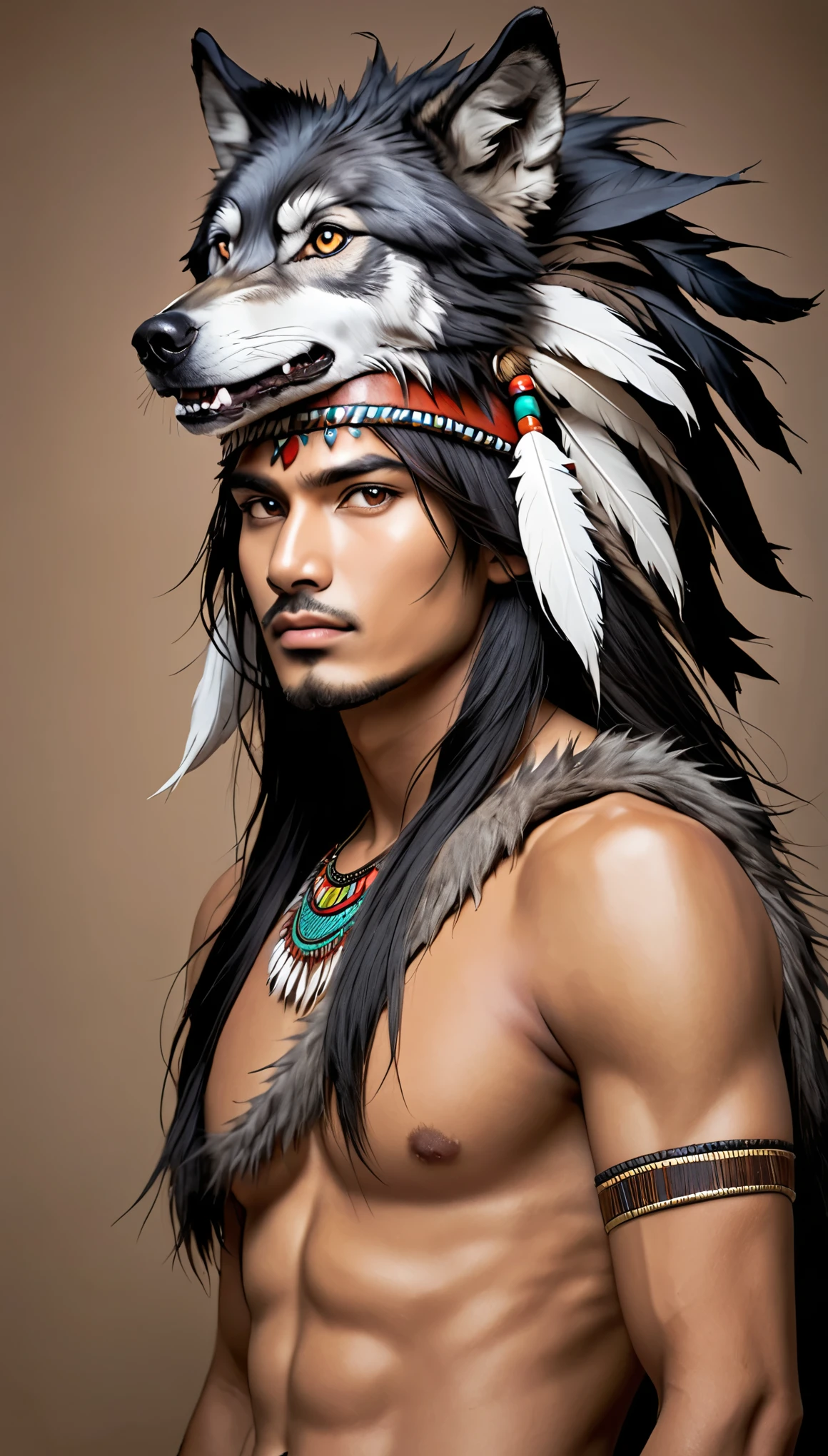 Indian with wolf skin on his head  