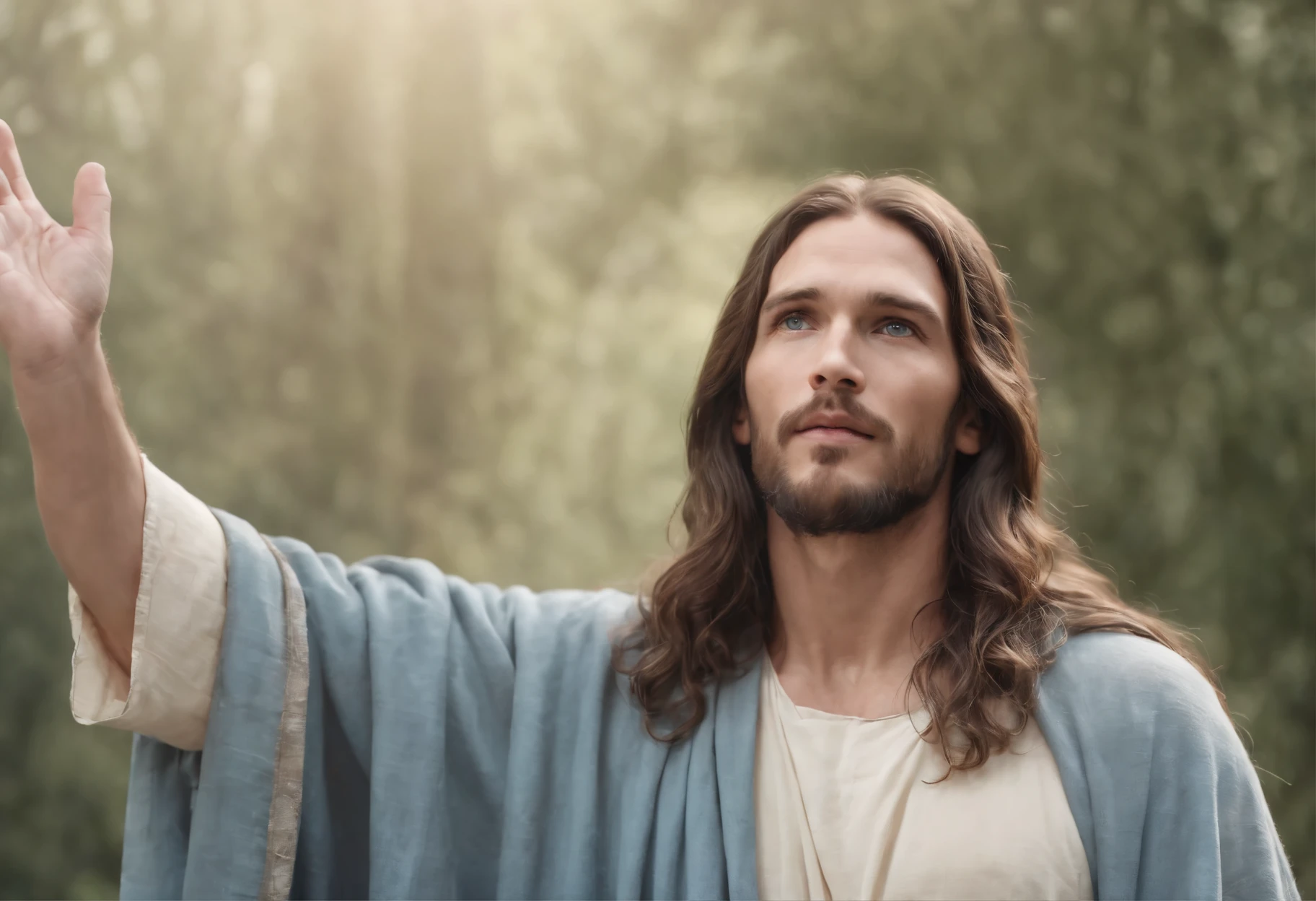 Jesus long hair to his shoulders blue eyes looking at the sky sideways with his hands up asking for mercy