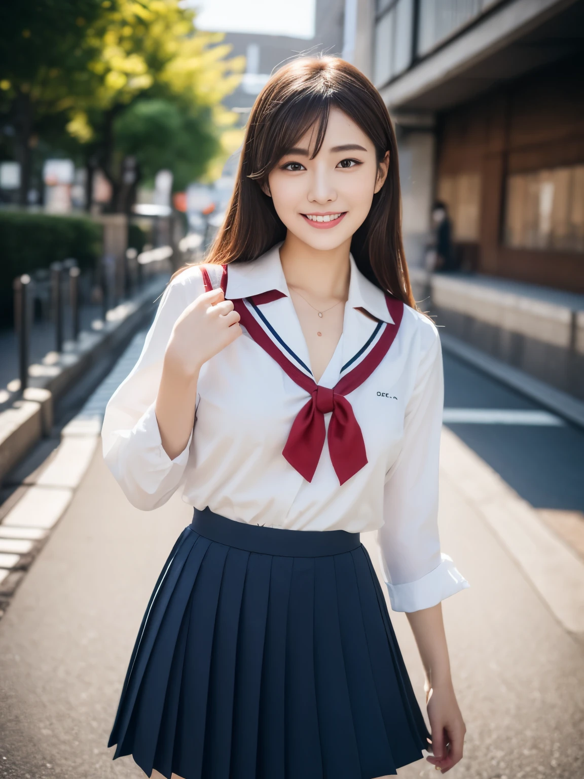 ulzzang-6500-v1.1,(Masterpiece, BestQuality:1.3),(Top image quality,8K:1.3),Realistic high-quality photos,top-quality,Real, Photorealistic, 8K, High Resolution,
BREAK
1 female, 18 years old,(skin spots: 1.2), (skin dentation), Very Detailed Face, (Dynamic Pose: 1.2), Fashionable and Trendy Atmosphere, (Look at the Camera), (Portrait: 0.6), Standing, Full body, (Round chest), Floating hair, Seductive smile, (Japan high school school uniform:1.3), (white blouse), (checked pleated skirt), (moles under the eyes: 1), (thighs),(large breasts:1.3), (cleavage:0.9),
BREAK
(Professional Lighting, Bokeh), (Light Particle, Lens Flare, Luminous Particle: 0.6), Soft Lighting, Japan, Street, City, Tokyo, (Daytime), Sky,