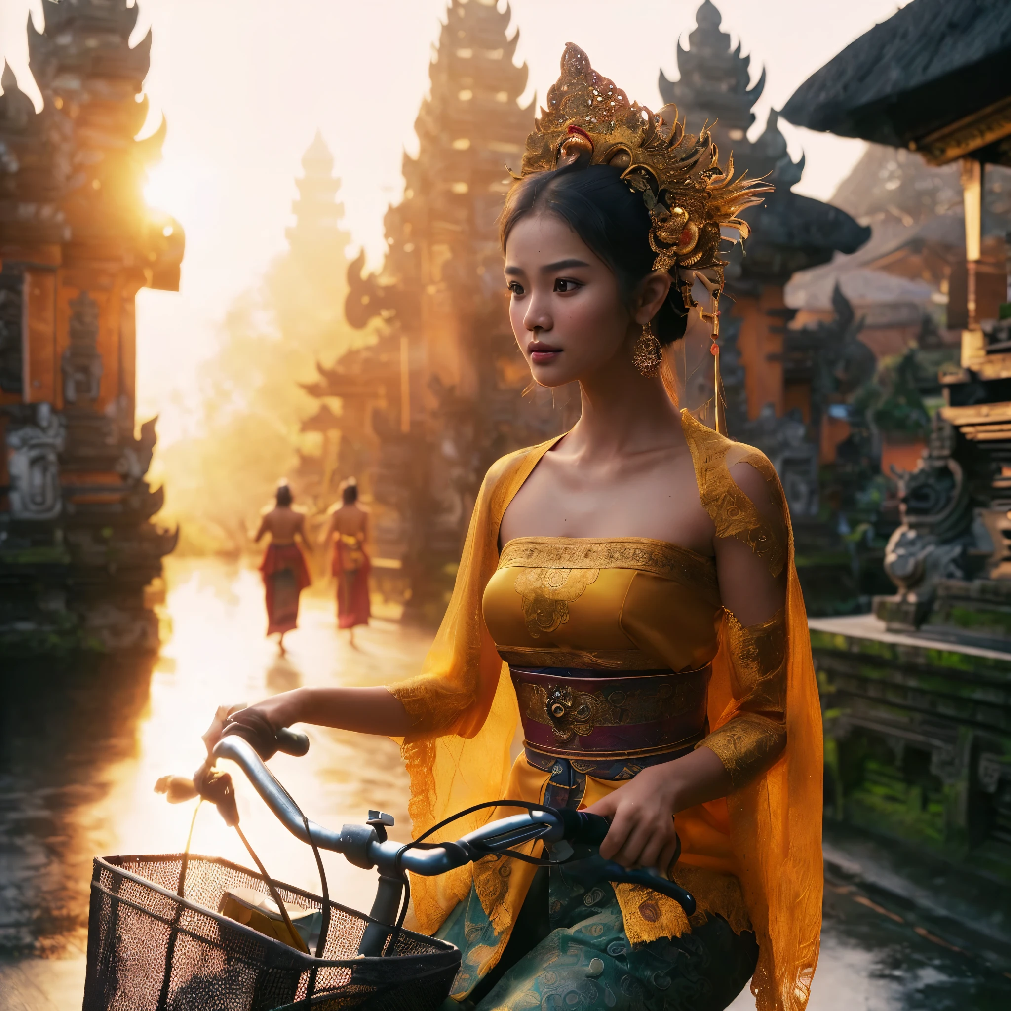 8k Uhd, Dslr,Film Grain, Fujifilm XT3,(Best Quality:1.3), (Masterpiece:1.1), ((face detail)) High Resolution, Cinematic Light, Intricate Details, (Photorealistic) create a realistic photography of sacred magical exotic scenery of bali temple on the morning breeze, there are local balinese beautiful girl ((detail pretty exotic indonesian malay face)) wearing local traditional cloths ride a old bicycle