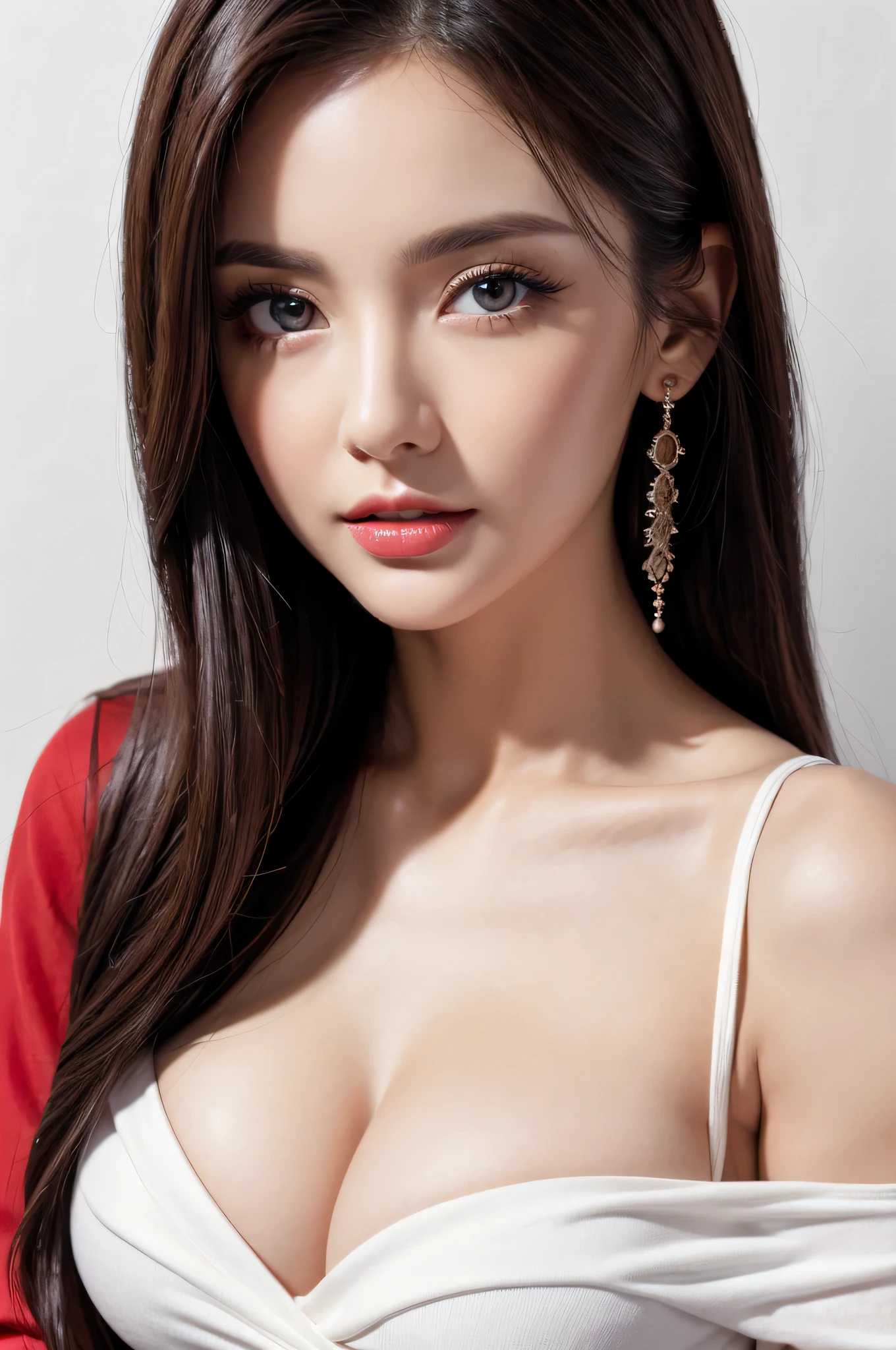 a woman, beautiful, amazing face and eyes, cosmetic, red glossy lips, (Extremely detailed beautiful face), (The sexiest look), (Sweatshirt), (best quality), (Super detailed), (Extremely detailed CG unified 8k wallpaper),original photo, Professional photography, (standing), (pure white background),(black hair),(big eyes),(Soft light source),(A little cleavage),(hot dress), (sexy top), (sexy dress) (black top)