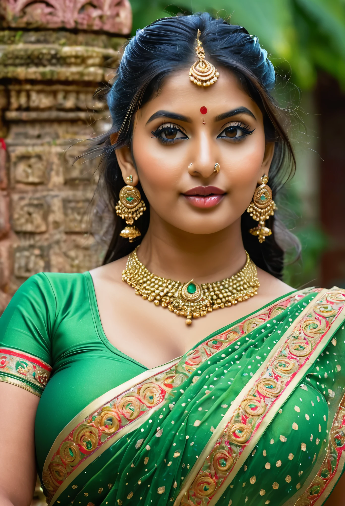 ((best quality)), ((masterpiece)), (detailed), perfect face
a young stunning gorgeous village plus size woman in green saree posing for a picture, indian goddess, traditional beauty, indian, beautiful goddess, ornate cosplay, indian style, indian super model, beautiful maiden, gorgeous woman, south east asian with long, provocative indian, gorgeous beautiful woman, intricate outfit, hindu aesthetic, beautiful asian girl, extremely detailed goddess shot, jaw-dropping beauty, big deep cleavage sexy navel, big deep cleavage, sexy indian women, massive in sexy bikni fusion full body, with earrings, with bangles, with necklace, with golden nose pin, attractive body, erotic, huge breasts, big belly, sexy attractive body, seductive body, glowing skin, detailed background, on ancient temple, 16k, 8k