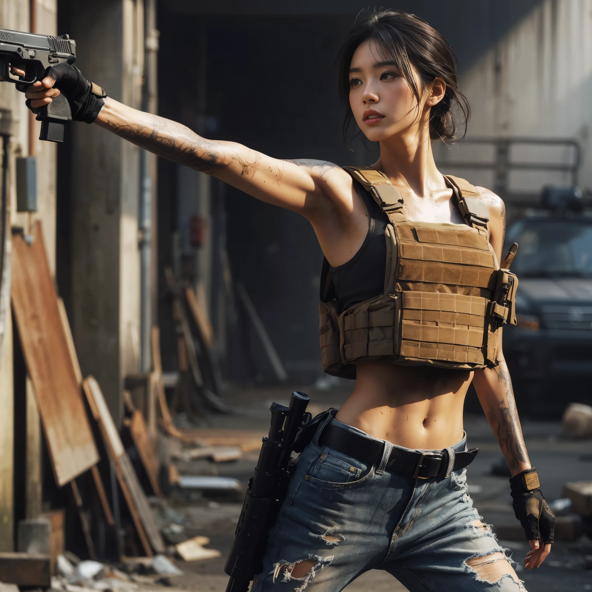 (best quality,8k,realistic photo:1.2),realistic skin texture,Japanese woman living in America,beautiful,walking in shooting position on the street,dirty shirt,jeans,sneakers,bulletproof vest,automatic rifle,short haircut,urban warfare,caught in an incident,starting counterattack,dirty,moving action pose,dramatic and bold composition,upper body,muscular,Zoom out