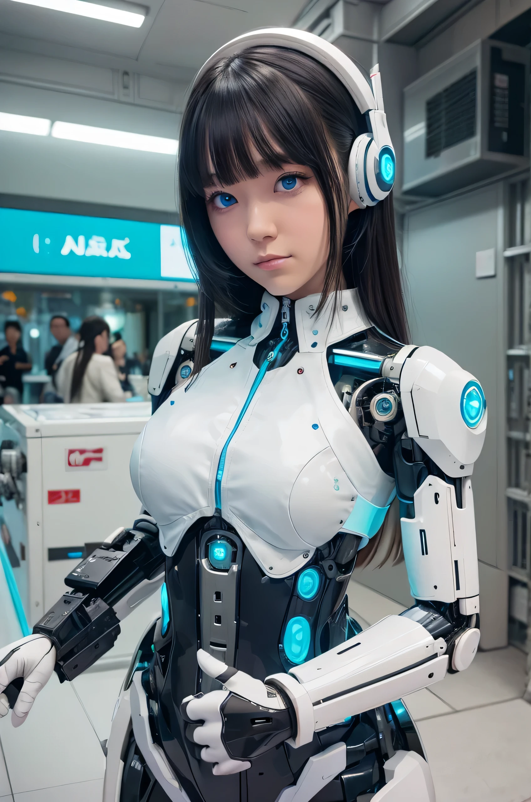 masterpiece, Best Quality, Extremely detailed, 8K Portrait,Japanese android girl,Plump,control panels,android,Droid,Mechanical Hand, ,Robot arms and legs, Black hair,Mechanical body,Blunt bangs,Charging spot,mechanical ear covers,android,robot humanoid,White robot body,mechanical ear covers,White and aqua uniform,aqua accent costume,mittens,blue eyes