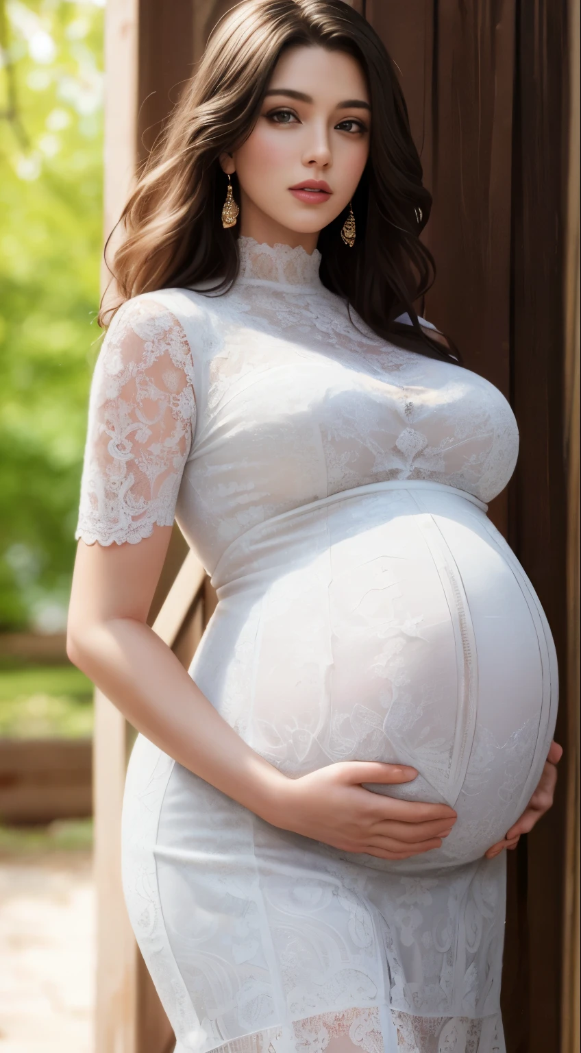 (Masterpiece:1.2, Best quality), Realistic, (Real picture, Intricate details, Depth of field), parted lip, High neck lace skirt,highly detailed, Perfect face, Perfect body, Large models,
((huge pregnant)), Mature woman, Tall, Long legs,
Natural background bokeh