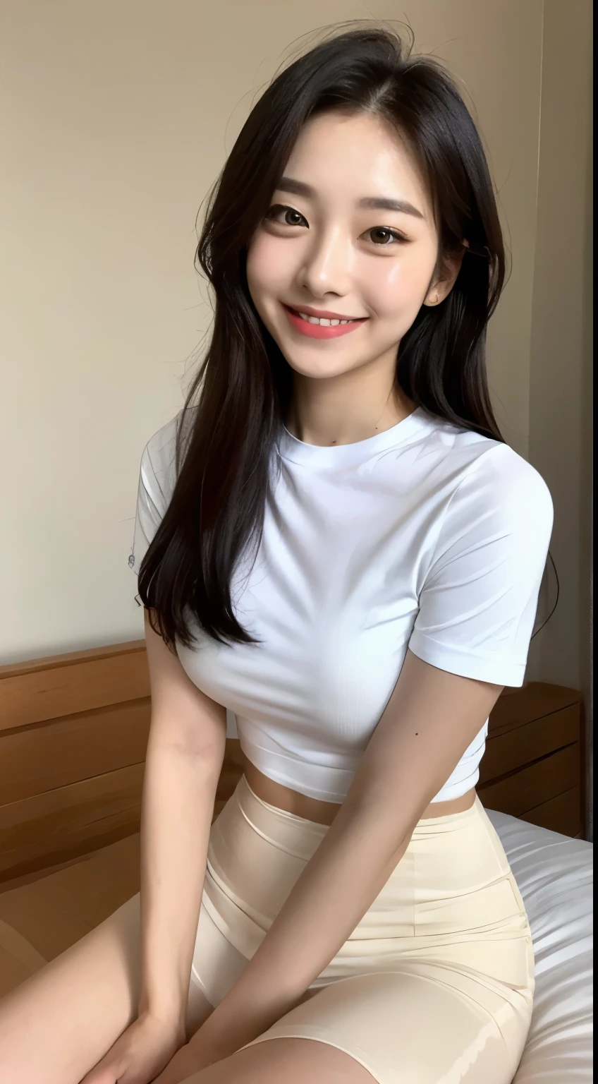 white tight shirt、white tight mini skirt、bed、smile、short sleeve、high resolution、Korean idol face