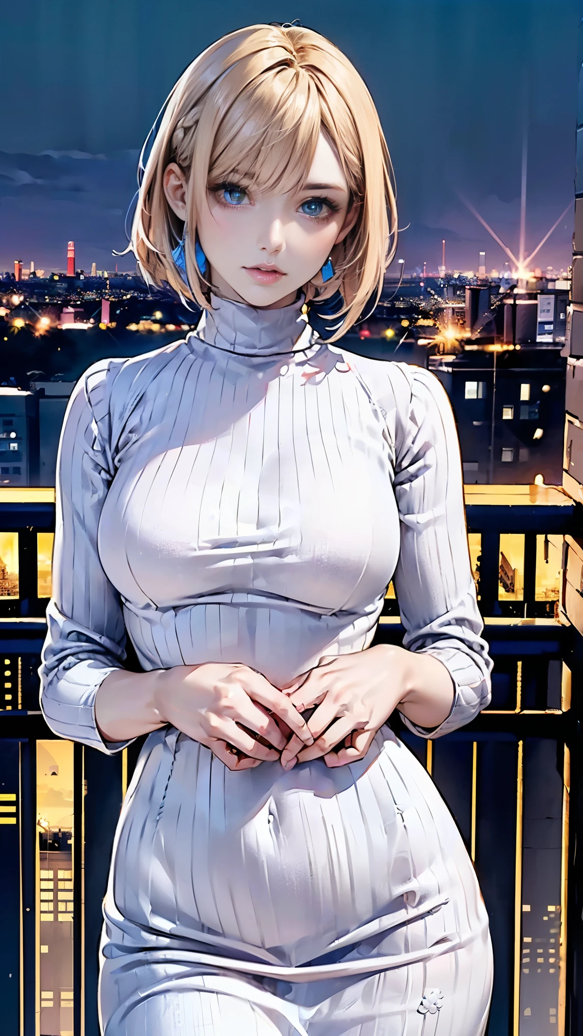 layered bob hairstyle, (Blonde with pink inner color), She has beautiful sparkling purple eye color, masterpiece, highest quality,(realistic: 1.4),ultra high resolution, unity 8k, (detailed and beautiful eyes:1.6),symmetrical, highly detailed face, perfect lighting, (perfect hands, perfect anatomy), (city background:1.3), ((Maxi knitted dresses:1.3))