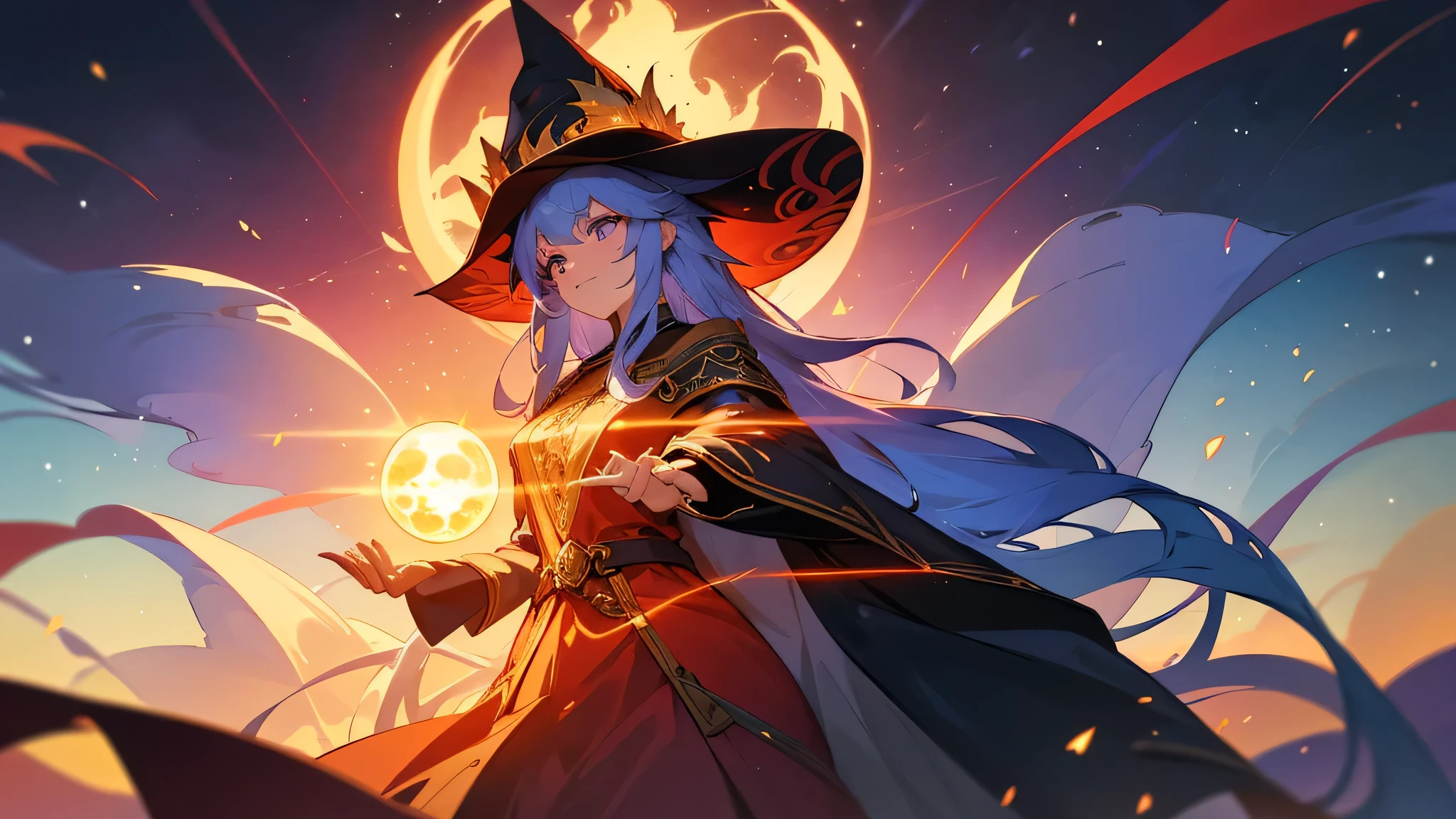 Create an 8k anime-style masterpiece that intricately details a narrative of two beautiful young witches. The first girl has long, flowing midnight blue hair and piercing violet eyes, her wizard's attire adorned with silver crescent moons and stars, signifying her affinity with the night sky. She wears a classic pointed wizard's hat, tilted jauntily to one side. The second girl boasts fiery red hair, cut short to frame her spirited emerald gaze, her garb emblazoned with golden suns and fiery motifs, complementing her dynamic elemental magic. Her hat is wide-brimmed and ornate, glowing softly with a magical aura.

They stand back-to-back, a powerful display of camaraderie and contrasting powers. In one hand, the night witch cradles a sphere of swirling galaxies, while the fire witch conjures a dancing flame in her open palm. The background should be a mystical landscape that merges two realms: one side is draped in the velvet shroud of an eternal twilight dotted with stars; the other, a sunlit sky ablaze with the colors of dawn. This scene, rendered in the highest quality, pays close attention to the details of their expressive faces, the intricate patterns on their robes, the whimsical yet potent atmosphere surrounding them, and the harmonious blend of their distinctive magic, encapsulating the essence of their story in a single, detailed frame.
