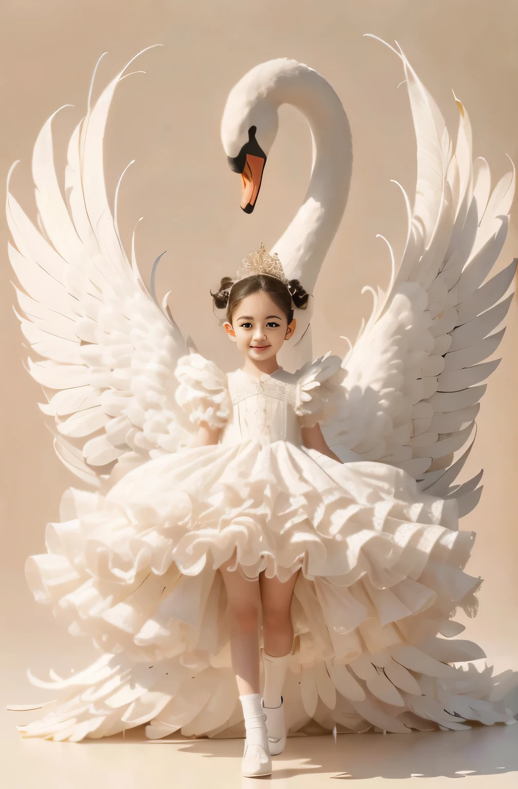 Arafad in swan costume, of an beautiful angel girl, The majestic angel, Young Ten Thousand Angels, of beautiful angel, girl with angel wings, Dressed as an angel, beautiful angel, wings of a swan, spread wings, has beautiful wings, With wings, have real wings, Stunning young and ethereal figure, beautiful and elegant