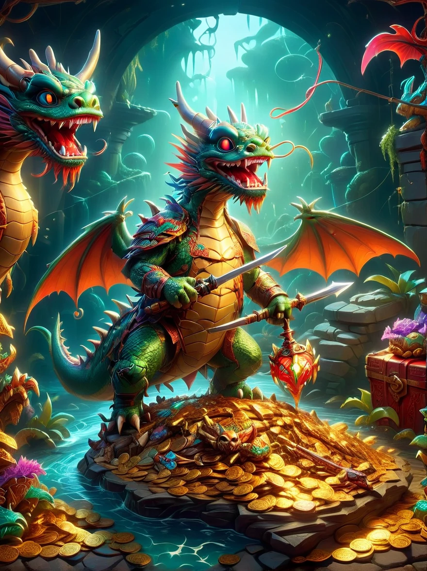 (((Dungeons & Dragons)))，dragon&#39;s underground lair，Dark and damp, full of treasures、bones and weapons，（low light，shadow，strange lamp），huge bat-like folding wings，（horned，scaly，Reptiles），eyes sparkling，Sword and Ax Collection，The box is full of gold coins and gems，water and mineral pool，（FOG），surrounded by net，（Warning tape），Featuring goblins equipped with armor and weapons，Orc and Troll Guards，（Threat exists），Extremely detailed settings, Keith Haring style graffiti,sharp illustration, bold lines and solid colors, simple details, minimalist
