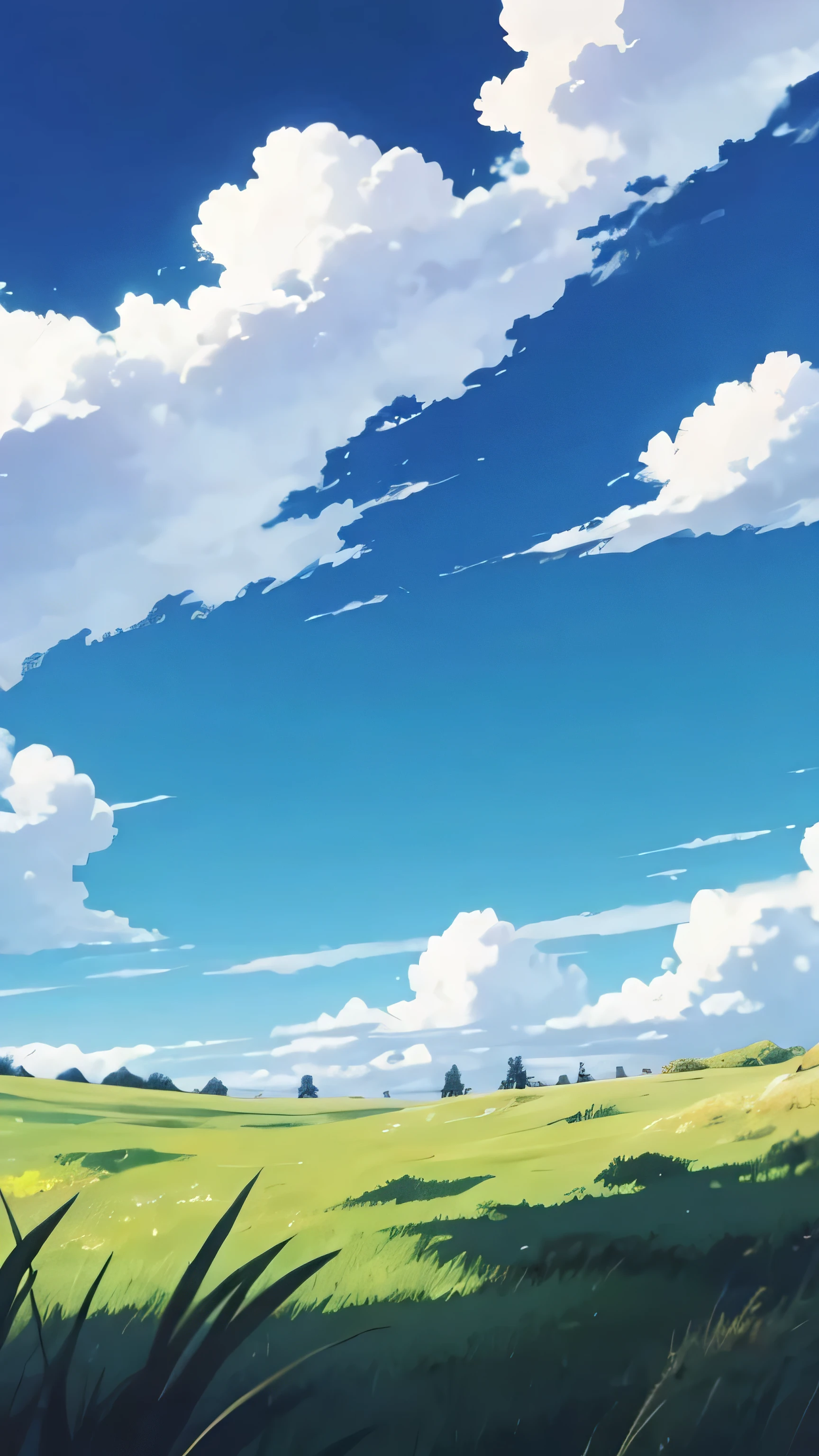 Anime pokemon style blue sky with clouds, bottom of image shows grassland in background and grass bushes in foreground