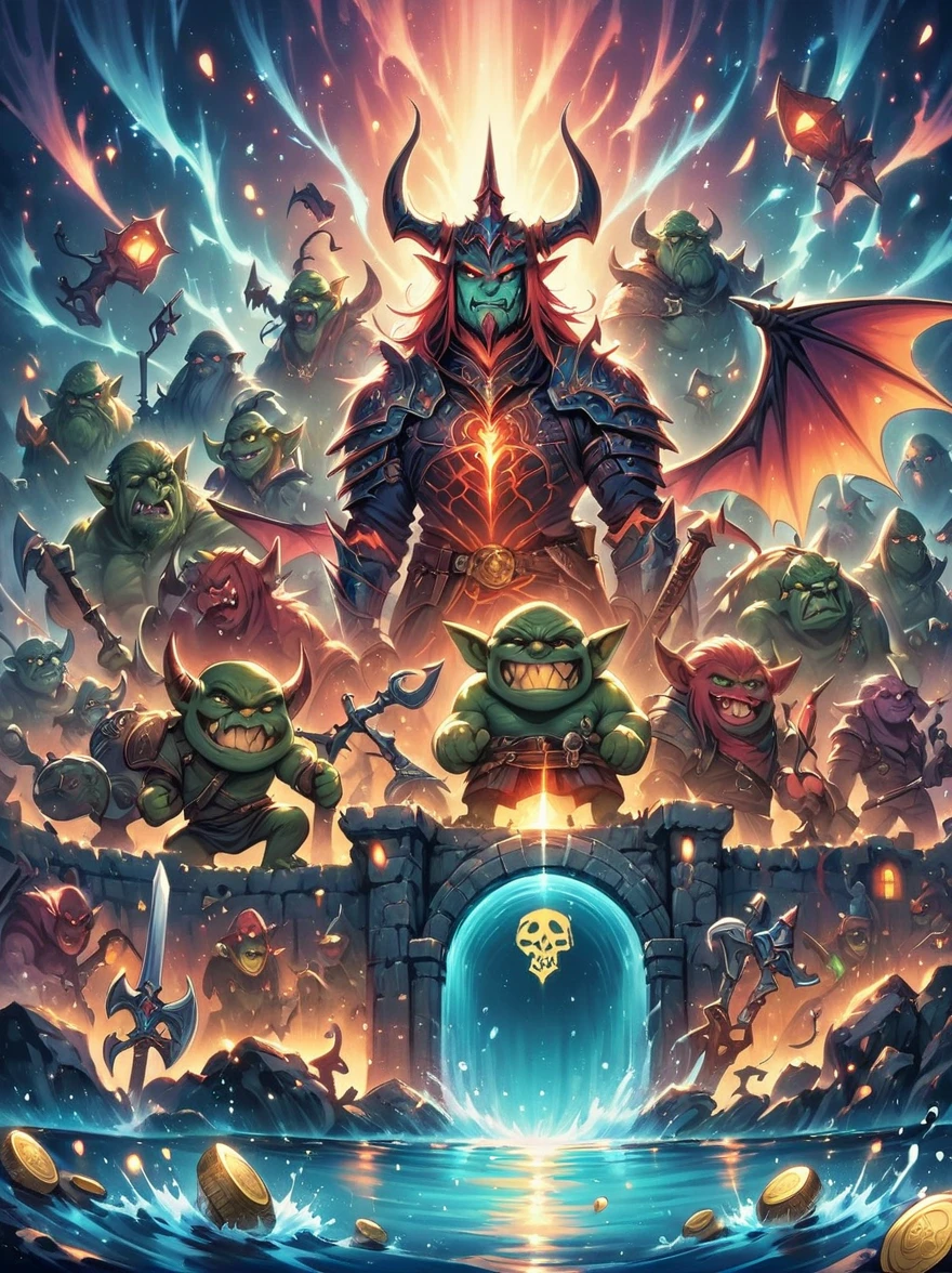 (((Dungeons & Dragons)))，dragon&#39;s underground lair，Dark and damp, full of treasures、bones and weapons，（low light，shadow，strange lamp），huge bat-like folding wings，（horned，scaly，Reptiles），eyes sparkling，Sword and Ax Collection，The box is full of gold coins and gems，water and mineral pool，（FOG），surrounded by net，（Warning tape），Featuring goblins equipped with armor and weapons，Orc and Troll Guards，（Threat exists），Extremely detailed settings, Keith Haring style graffiti,sharp illustration, bold lines and solid colors, simple details, minimalist