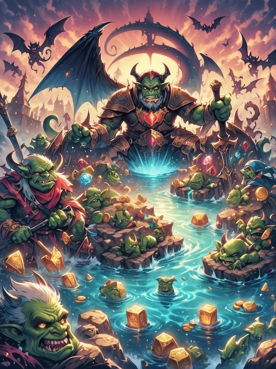 (((Dungeons & Dragons)))，dragon&#39;s underground lair，Dark and damp, full of treasures、bones and weapons，（low light，shadow，strange lamp），huge bat-like folding wings，（horned，scaly，Reptiles），eyes sparkling，Sword and Ax Collection，The box is full of gold coins and gems，water and mineral pool，（FOG），surrounded by net，（Warning tape），Featuring goblins equipped with armor and weapons，Orc and Troll Guards，（Threat exists），Extremely detailed settings, Keith Haring style graffiti,sharp illustration, bold lines and solid colors, simple details, minimalist