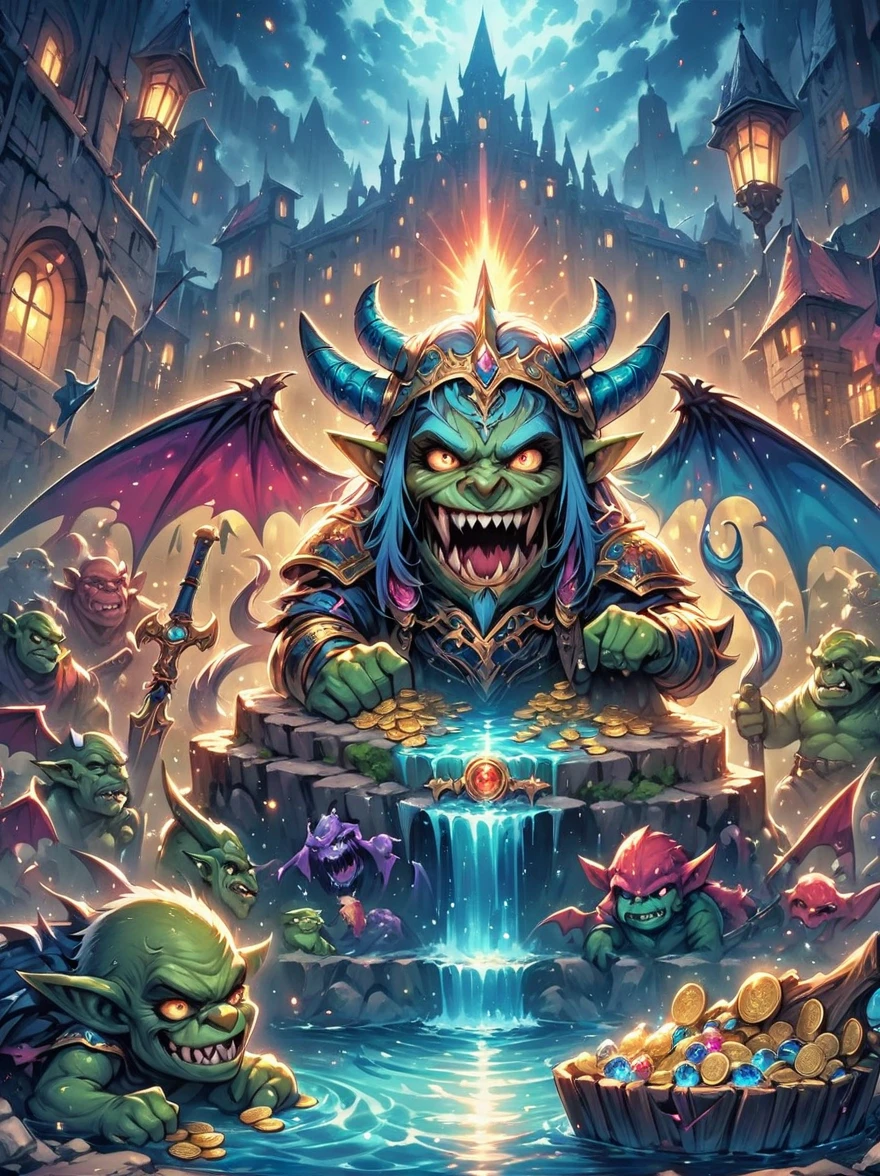 (((Dungeons & Dragons)))，dragon&#39;s underground lair，Dark and damp, full of treasures、bones and weapons，（low light，shadow，strange lamp），huge bat-like folding wings，（horned，scaly，Reptiles），eyes sparkling，Sword and Ax Collection，The box is full of gold coins and gems，water and mineral pool，（FOG），surrounded by net，（Warning tape），Featuring goblins equipped with armor and weapons，Orc and Troll Guards，（Threat exists），Extremely detailed settings, Keith Haring style graffiti,sharp illustration, bold lines and solid colors, simple details, minimalist